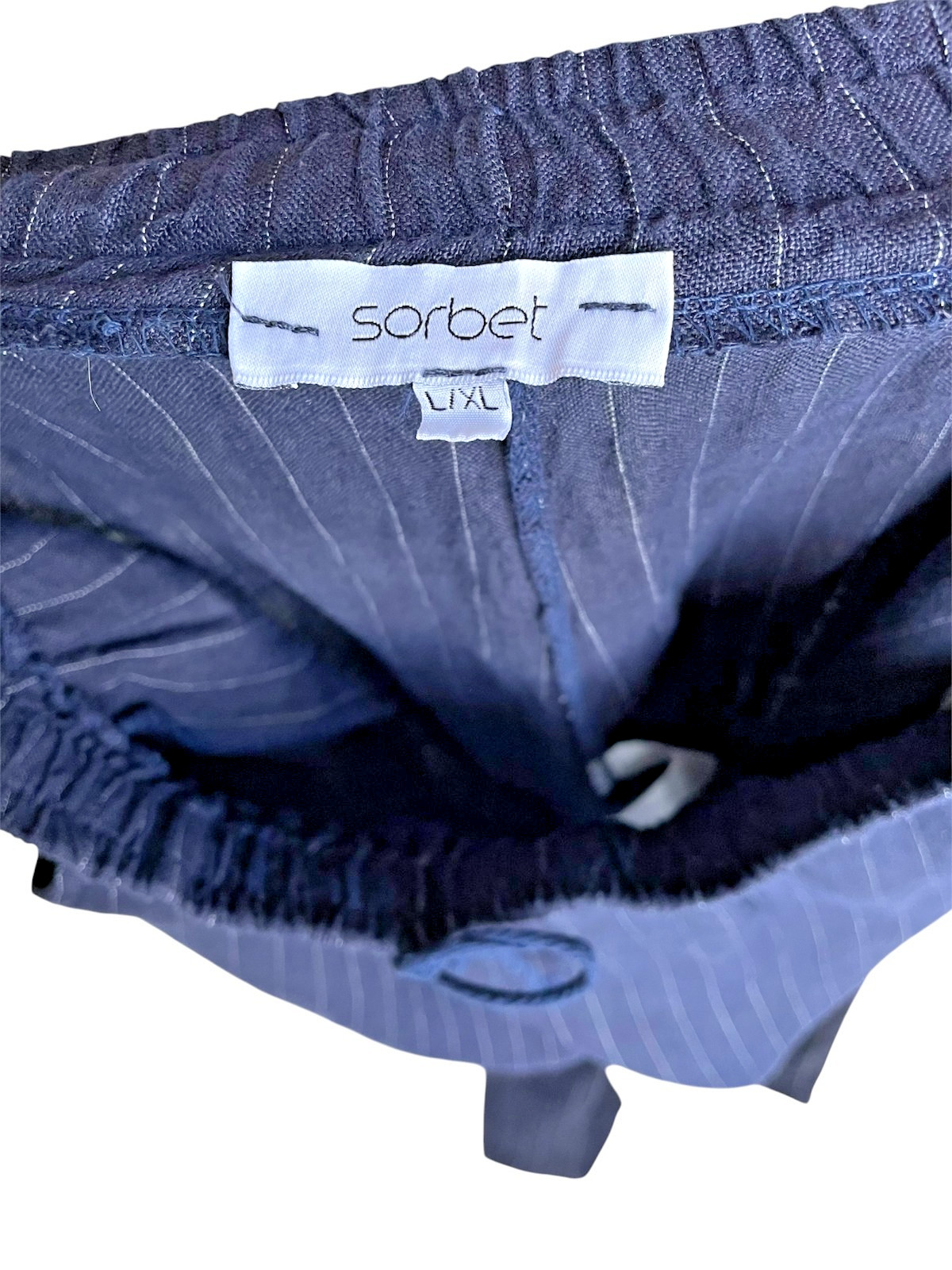 Sorbet Italy 100% Linen Pants L XL Blue Pinstripe Wide Leg Elastic Waist