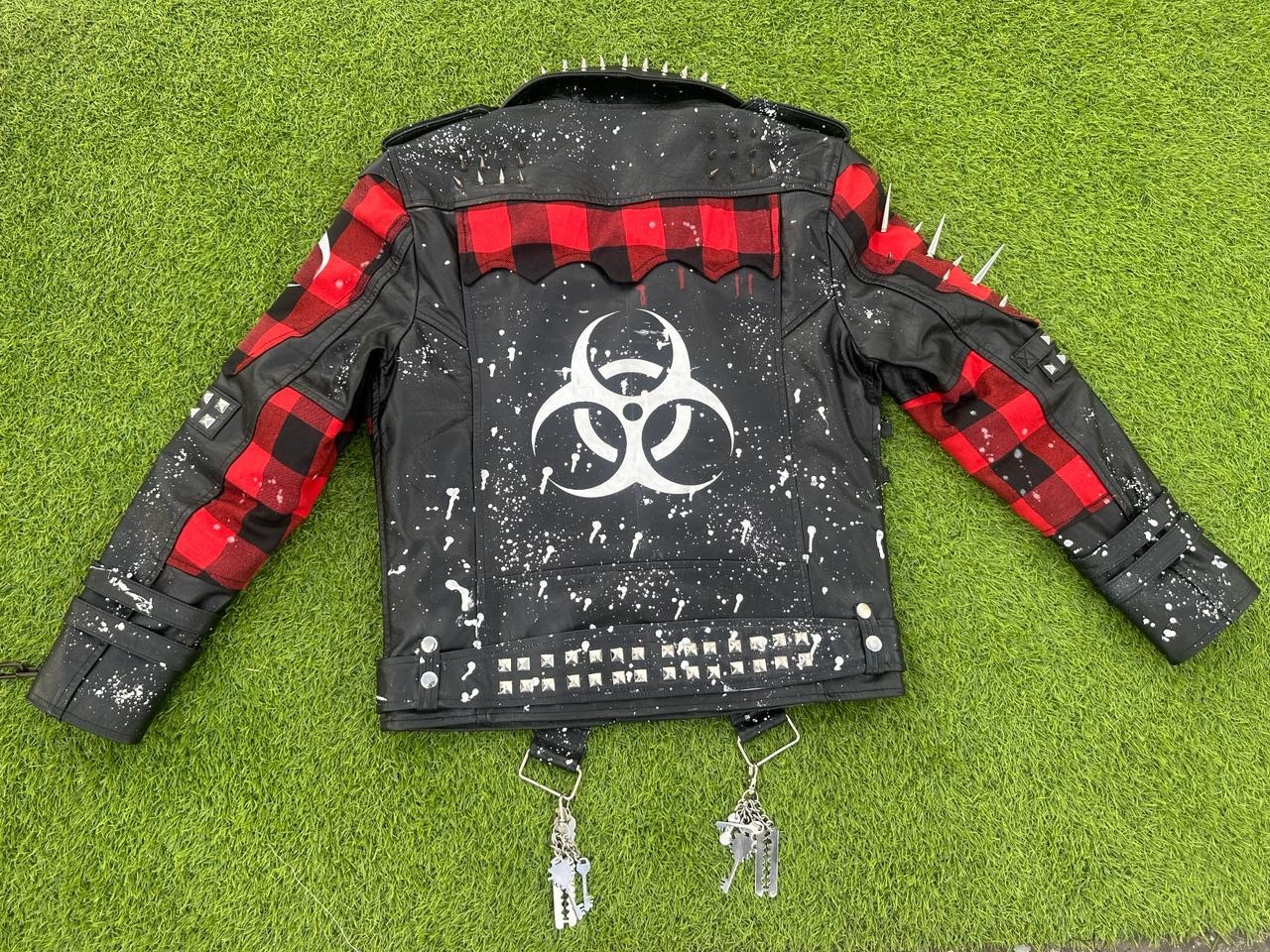Rockstar Black Studded Biker Leather Jacket Punk Rock Zipper Patch Moto Style