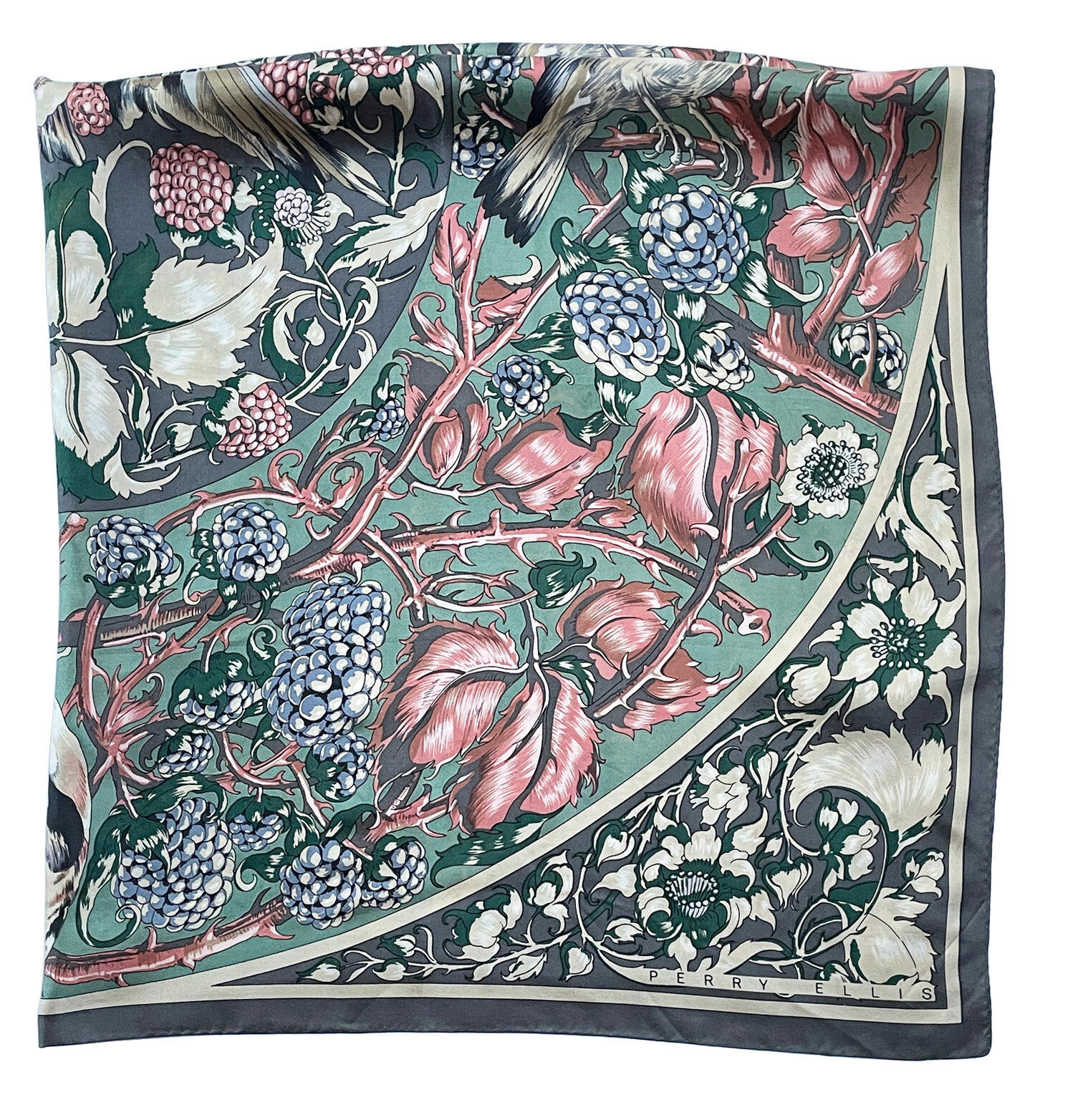 PERRY ELLIS Silk Scarf 35″Square Birds Red & Black Berries Bushes Vintage