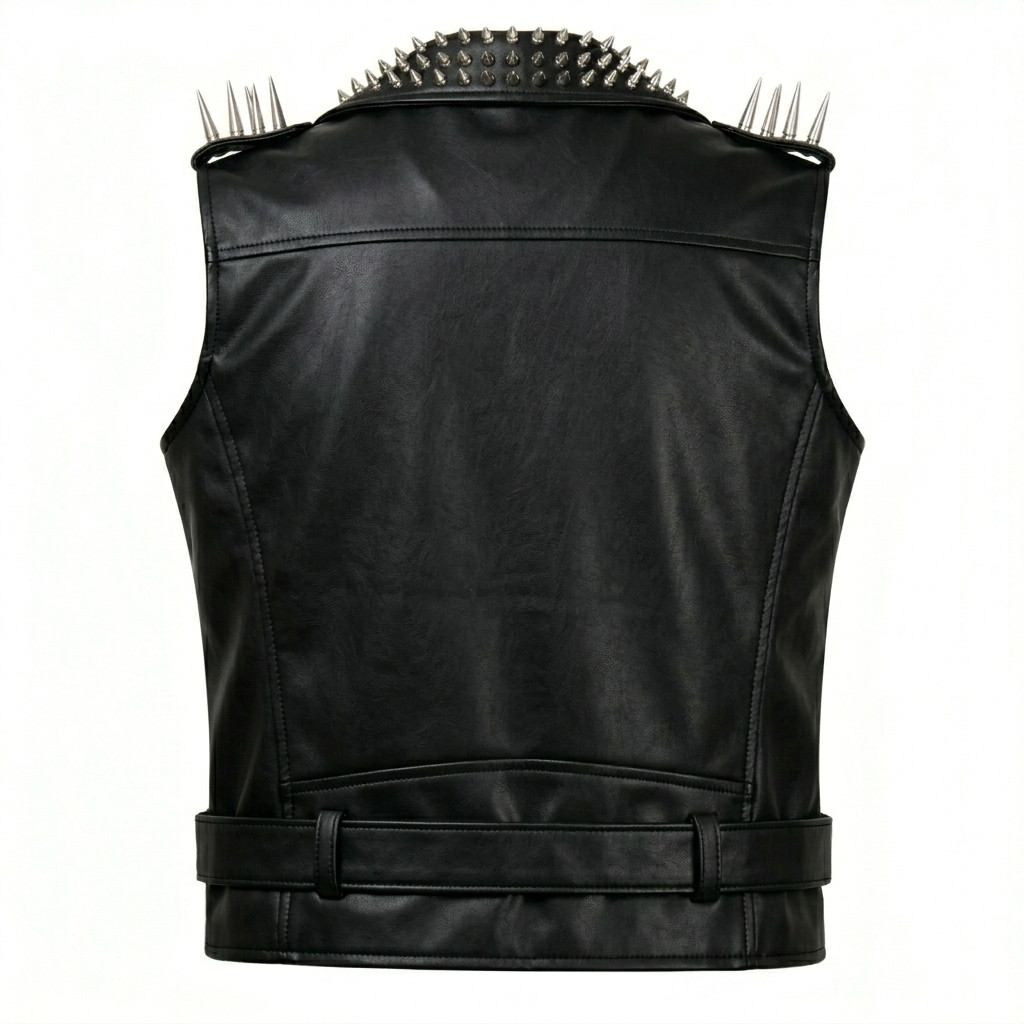 Men’s Black Leather Spiked Studded Biker Vest – Punk Rock Heavy Metal Moto Waist