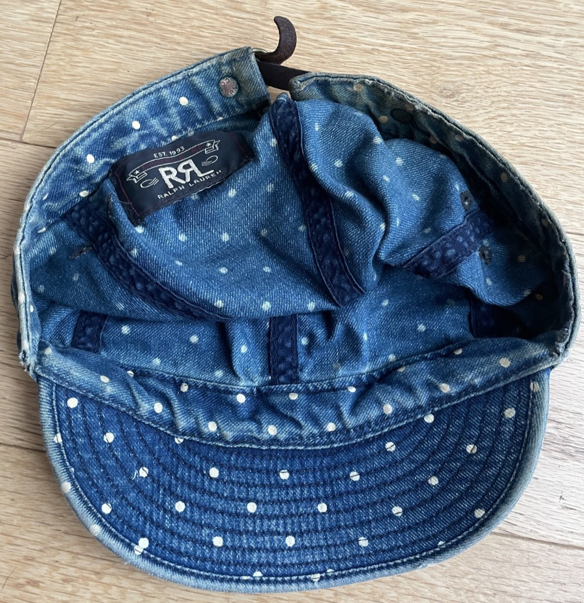 RRL Ralph Lauren Indigo Polka Dot Work Cap Railroad Engineer Hat Vintage newsboy