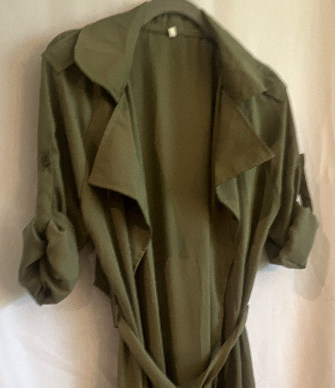 Women’s Green Long Polyester Trench Coat Solid Classic Belted Tie Closure Size L