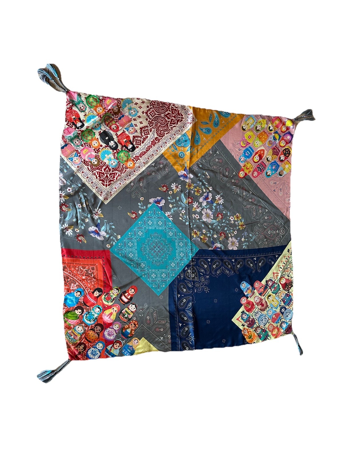 Johnny Was Silk Scarf RARE Floral Patchwork Nesting Dolls Print Tassels 42″x42″