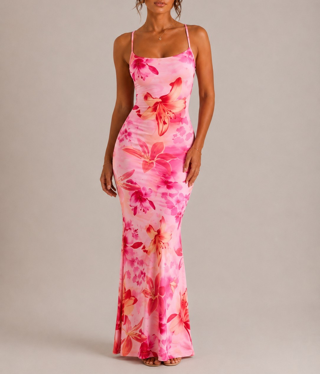 Opulessa Women’s Deep Draped Neck Backless Pink Floral Maxi Knit Dress,Bodycon M