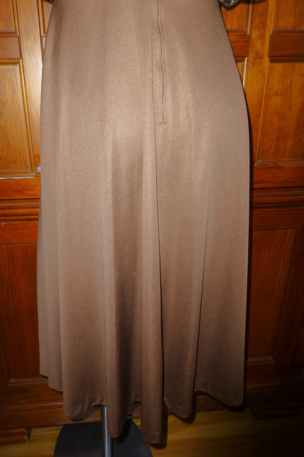 VTG 70’s Silky Jersey knit Caramel Brown Cape Lace boho Belted Fit Flare DRESS