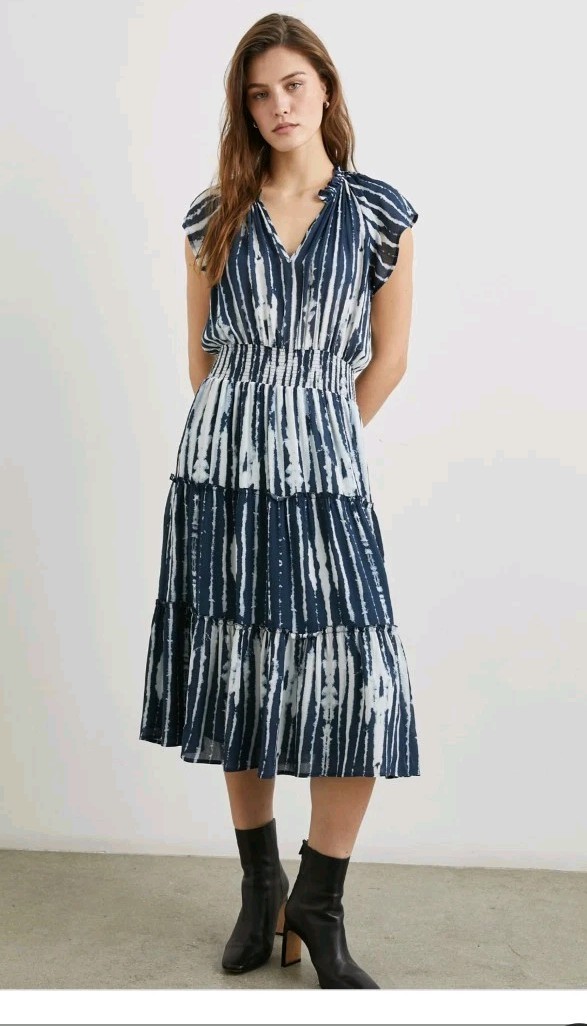 Rails Amelia Print Indigo Nile Midi Dress M Medium Blue White