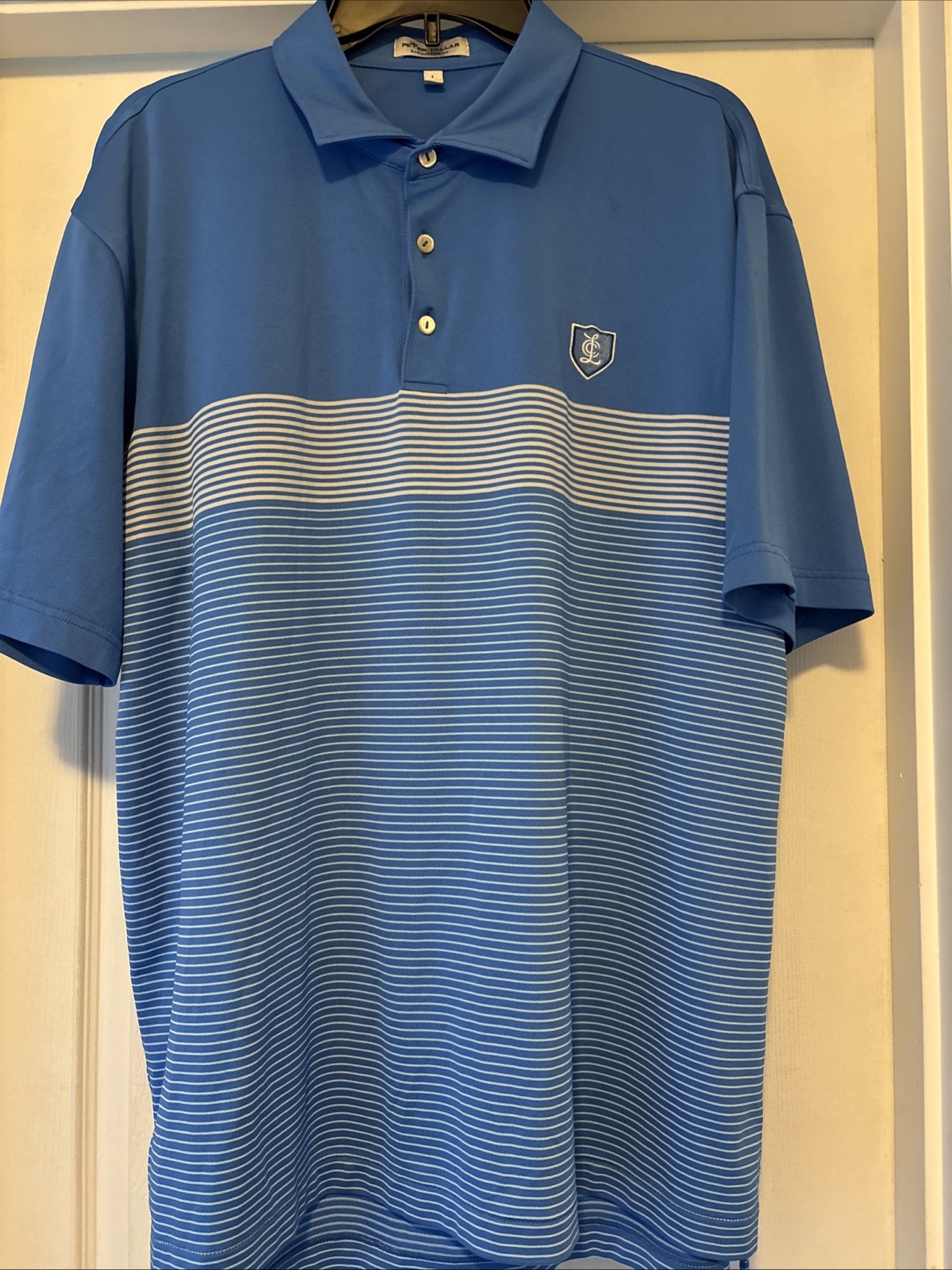 Peter Millar Polo Shirt Mens L Blue/White Stripe Summer Comfort Golf Performance