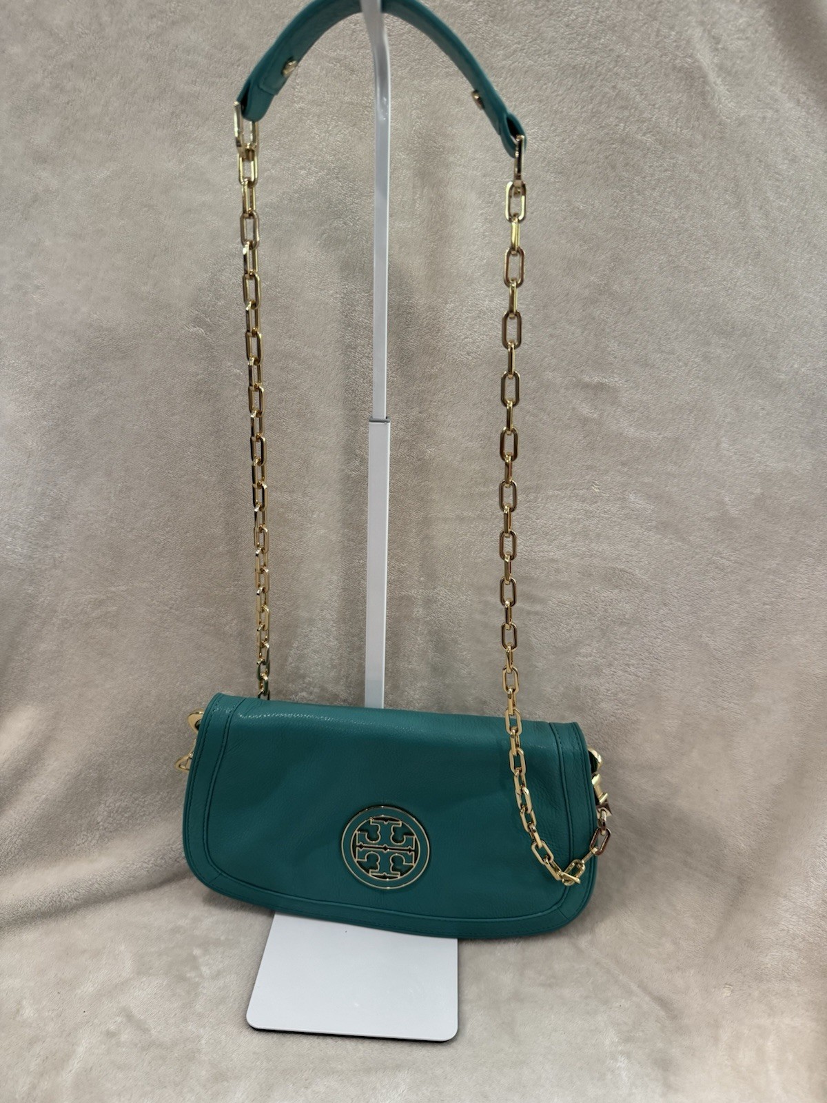 Tory Burch Teal Amanda Crossbody Gold Chain Strap Logo Flap Magnetic Closure