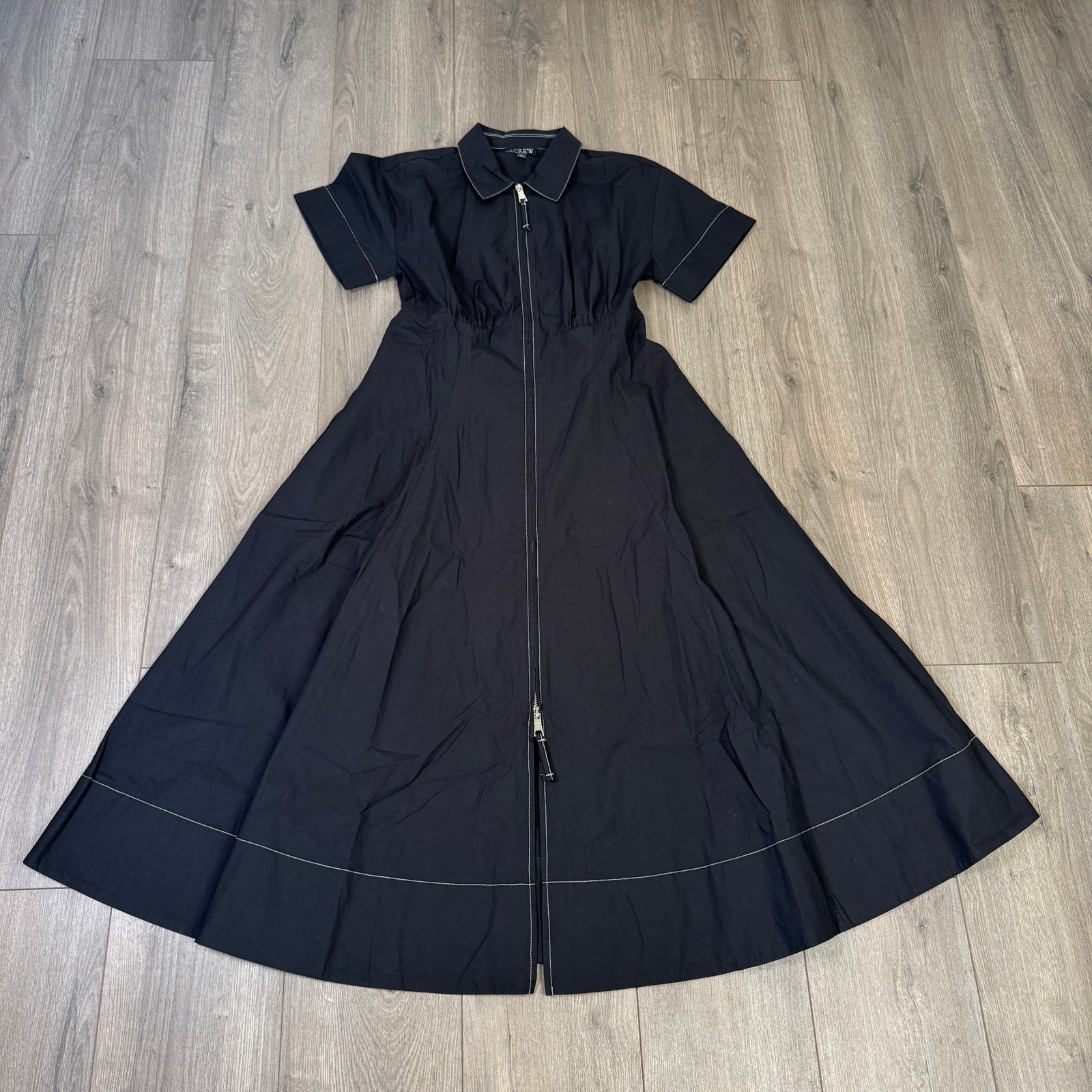 J.Crew Zip Up Shirtdress Womens 6 Black Midi Short Sleeve A-Lined Cotton Poplin