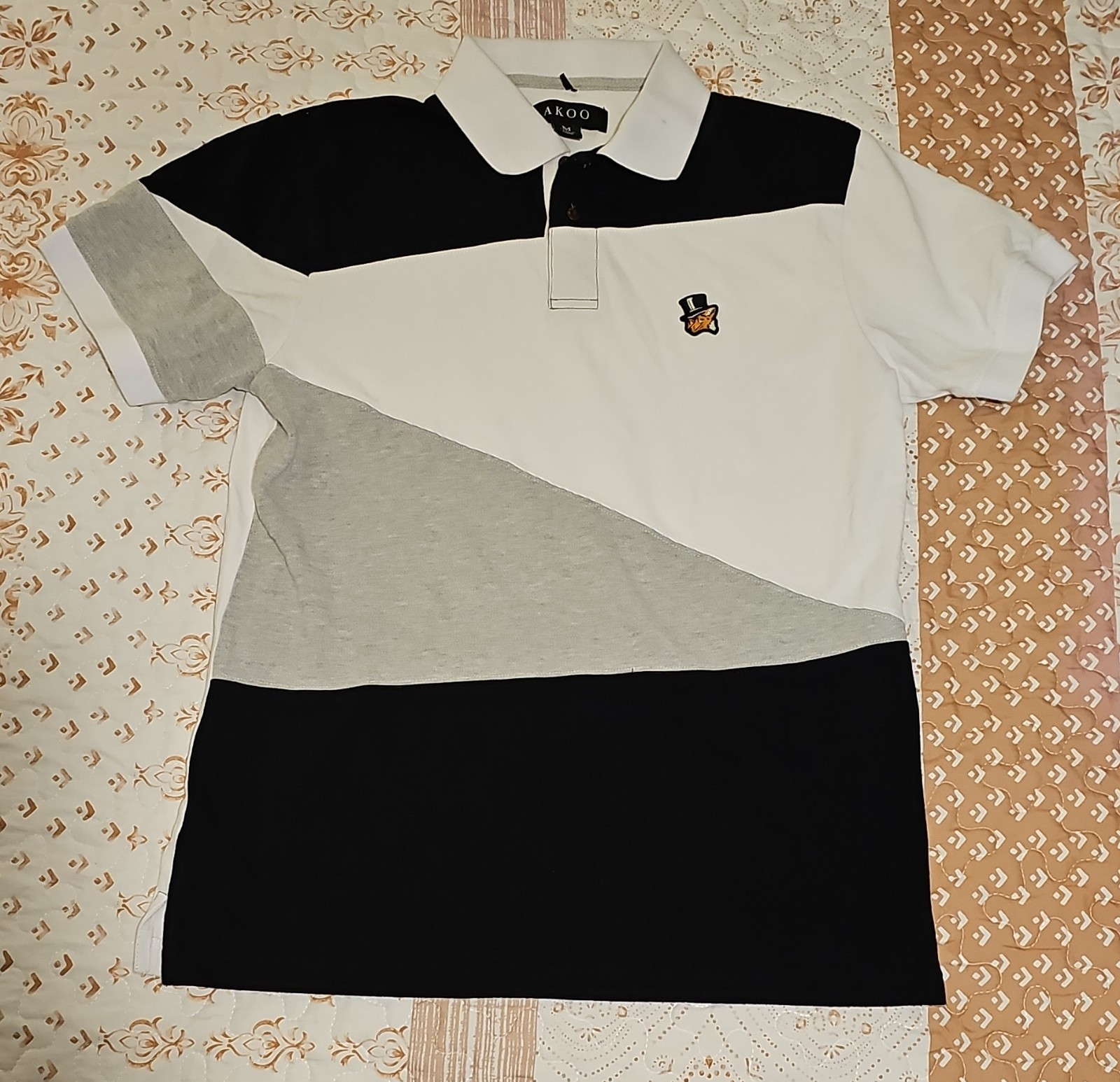 AKOO Mens M Color Block Short Sleeve Polo Shirt Black White Gray Fox Logo