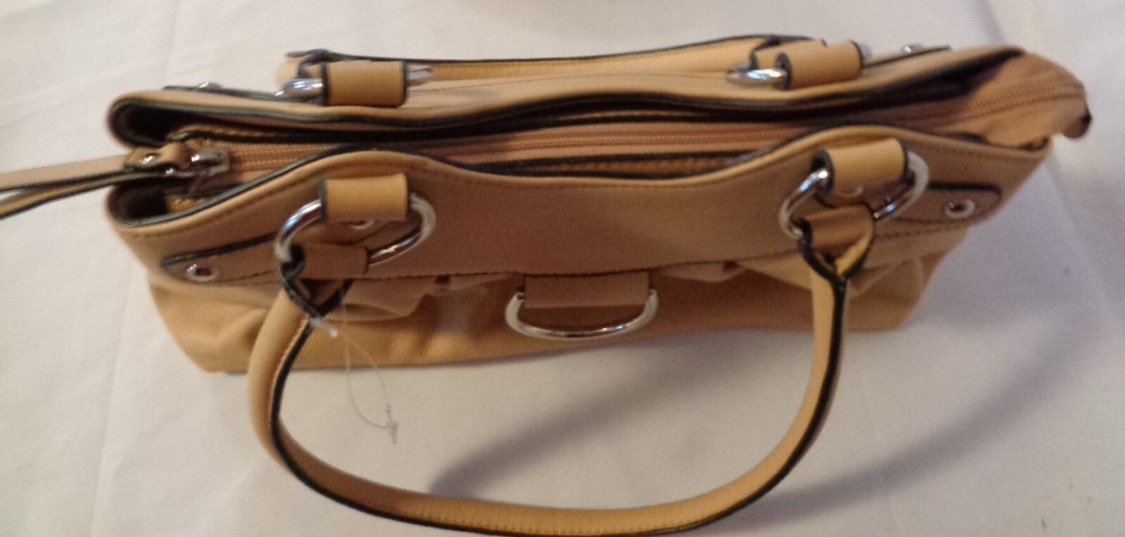 TAN MUSTARD YELLOW HANDBAG PURSE UNBRANDED TOTE MULTI POCKET DOUBLE HANDLE ZIPS