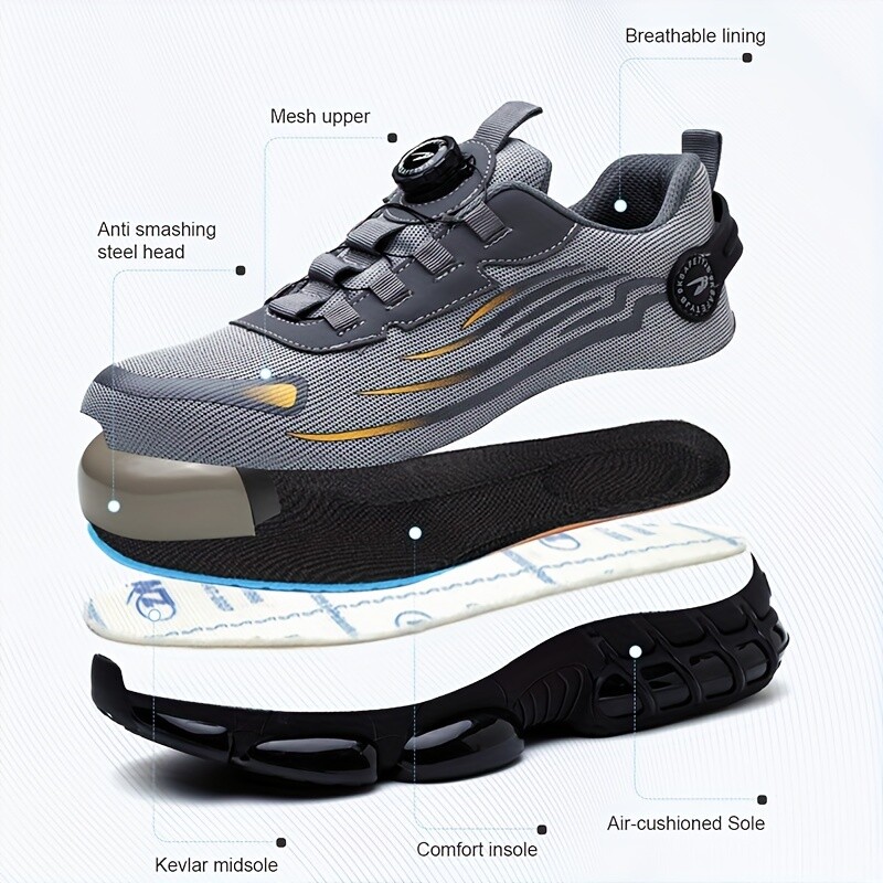 Men Safety Toe Work Shoes Rotating Buckle Breathable Non-Slip Steel Toe Sneakers