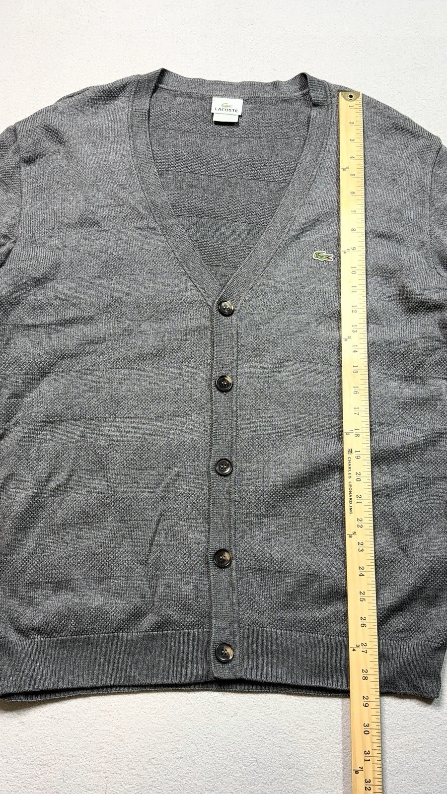 Lacoste Gray Cardigan Button Front Sweater Men’s Sz 6 XL Strip Pattern