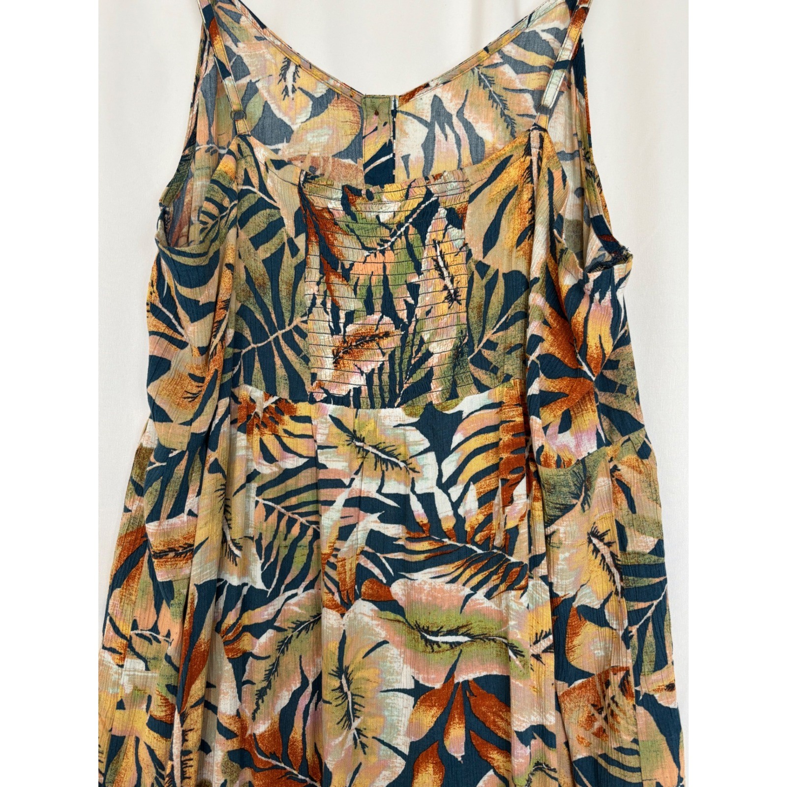 Natural Reflections Tropical Leaf Button Front Midi Dress XL Smocked Boho