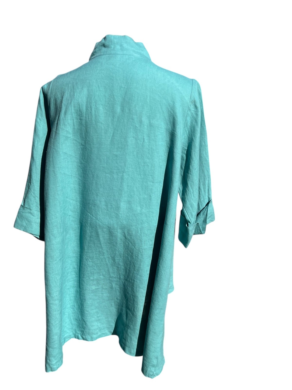 Comfy USA Turquoise Linen Tunic Asymmetrical Zip Front Sz L Jacket 3/4 Sleeve