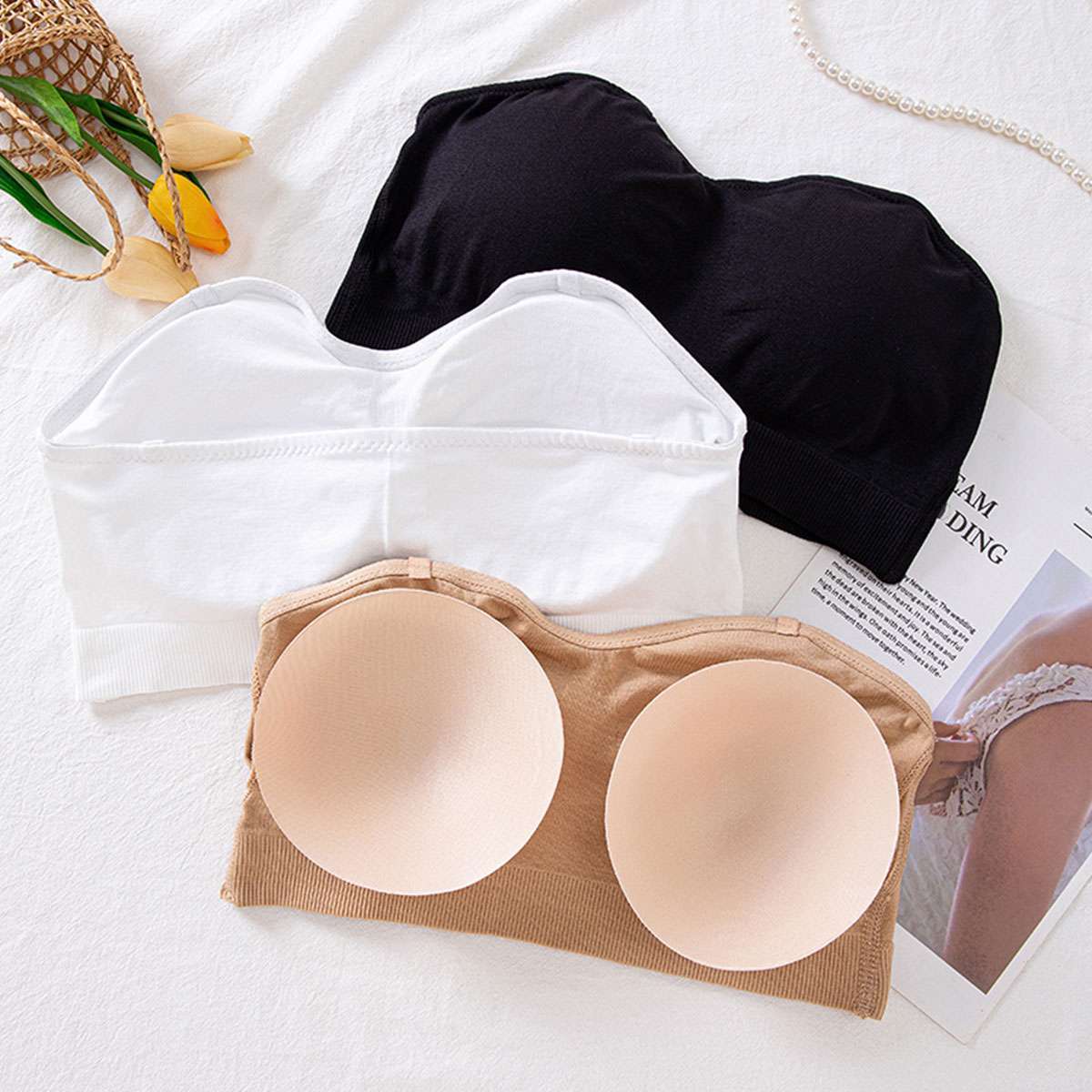 Women Padded Tube Top Bra Seamless Bandeau Strapless Bralette Stretch Intimates