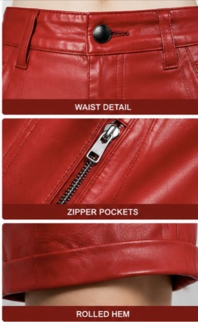 Women s Genuine Red Lambskin Leather Shorts High Waist Zip Pocket Sexy Pants