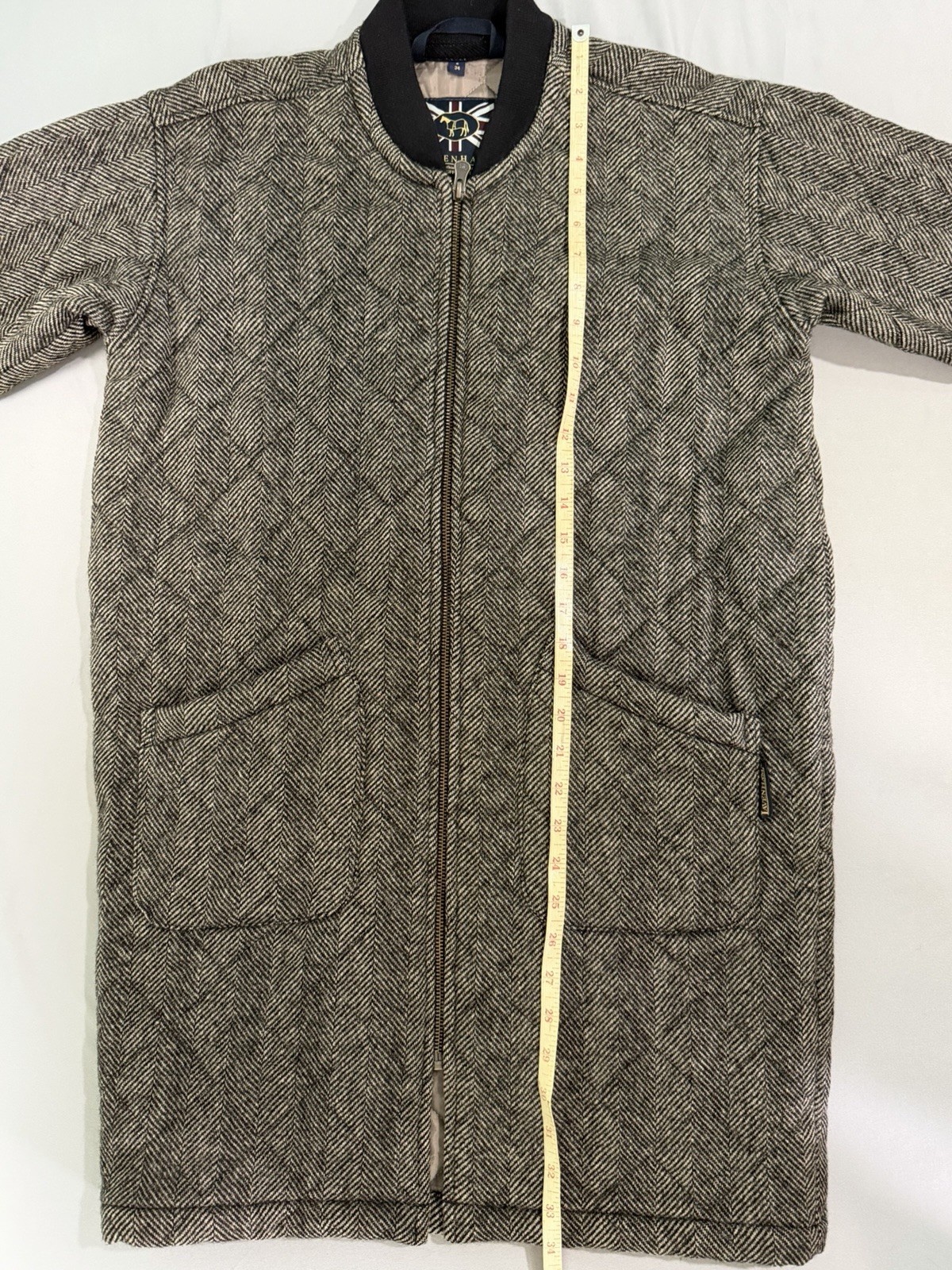 Lavenham Quilted Long Coat Jacket 6 34 Herringbone Made in England Tweed Bomber
