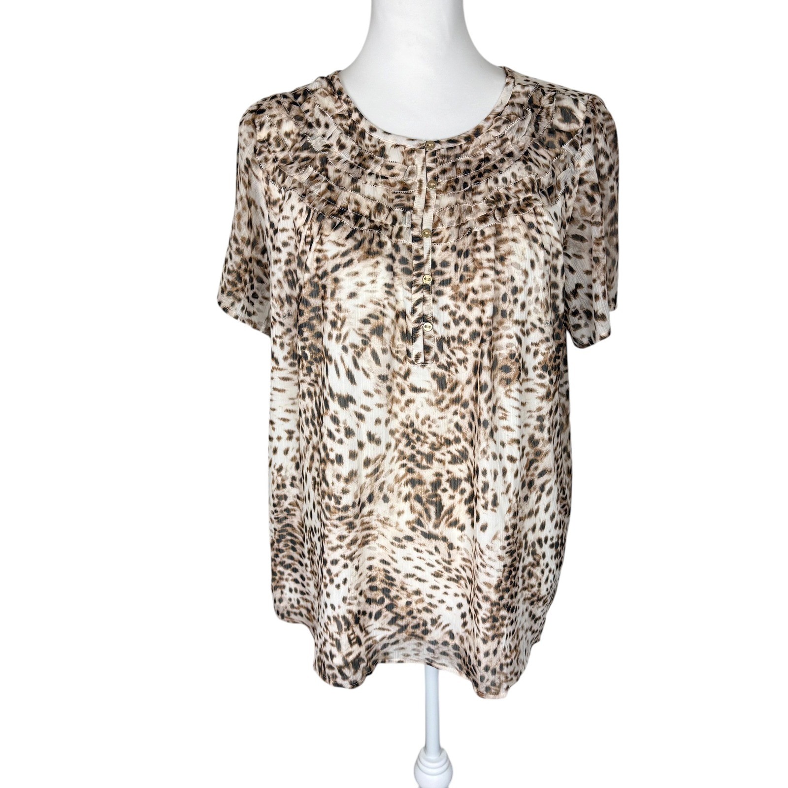 LOFT Leopard Print Ruffle Neck Button Front Chiffon Blouse Brown Large NWT