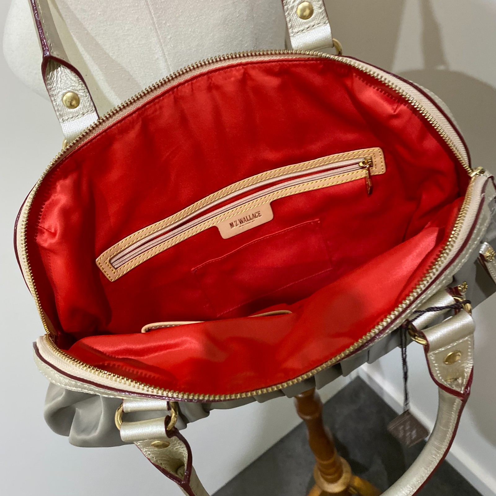 MZ WALLACE Pewter Pleated Shoulder Bag Jane Nylon Satchel Purse Leather Trim Red