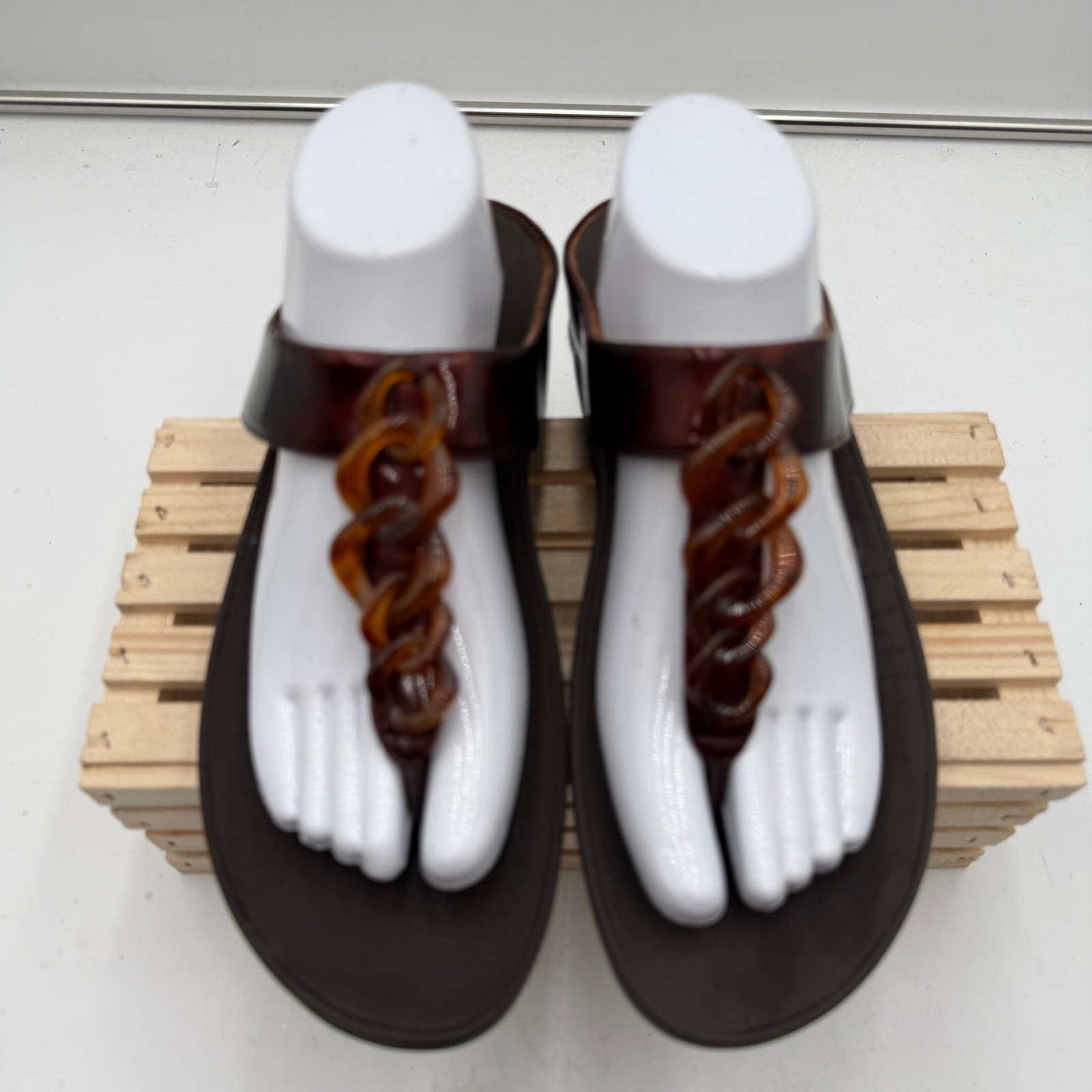 Fitflop Fino Tortoise Shell Chain Womens Sandals Chocolate Brown Size 10