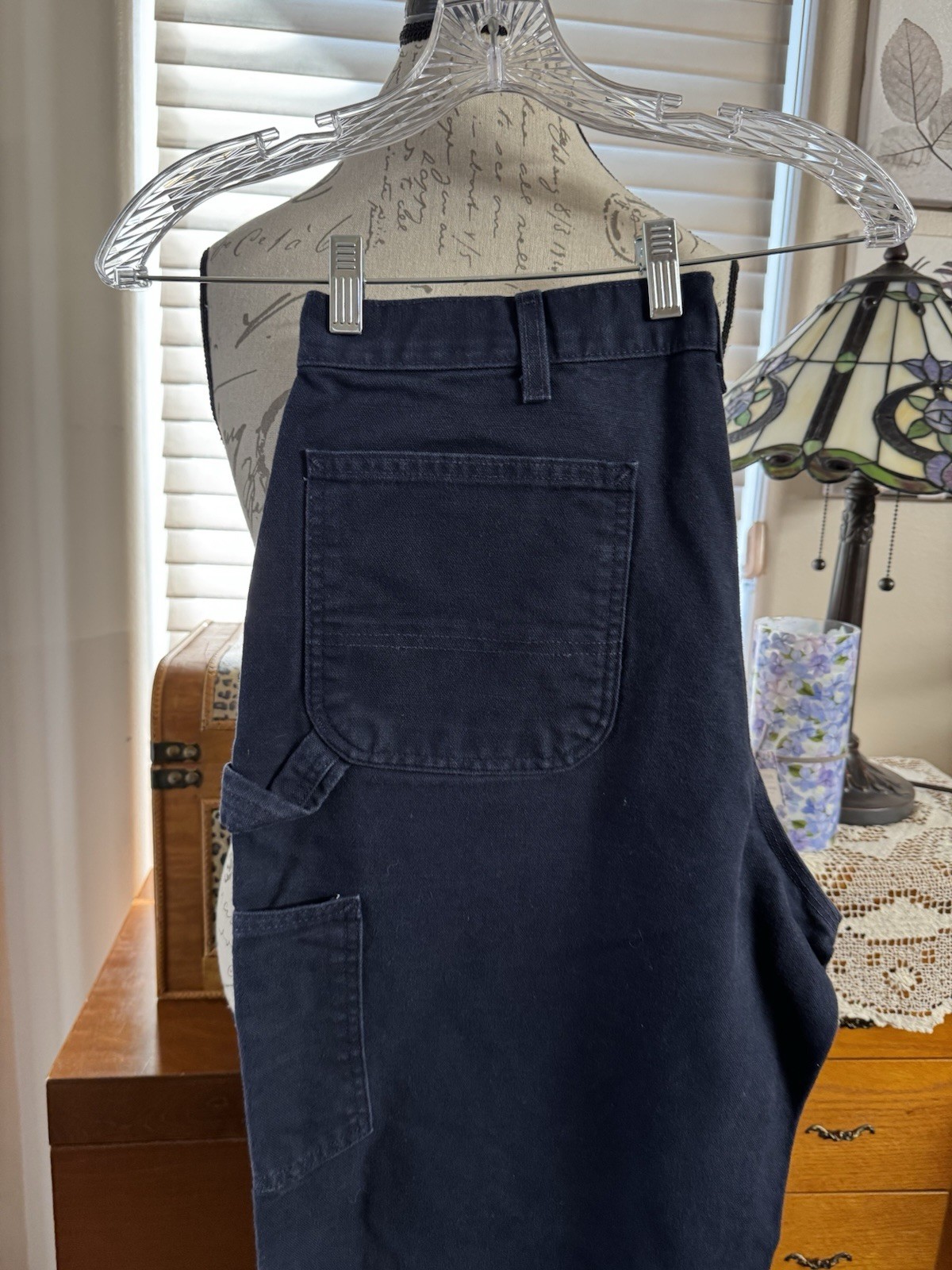 CARHARTT MENS 36X30 NAVY COTTON DENIM CARPENTER PANTS, FLAT FRONT, SLANT POCKETS