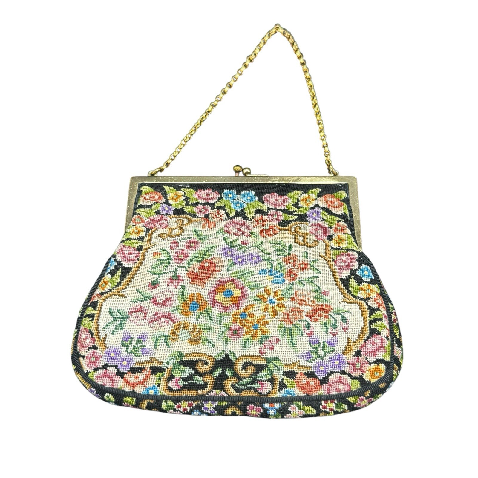 Petit Point Tapestry Needlepoint Bag Purse Delicately Detailed Rhinestone EUC