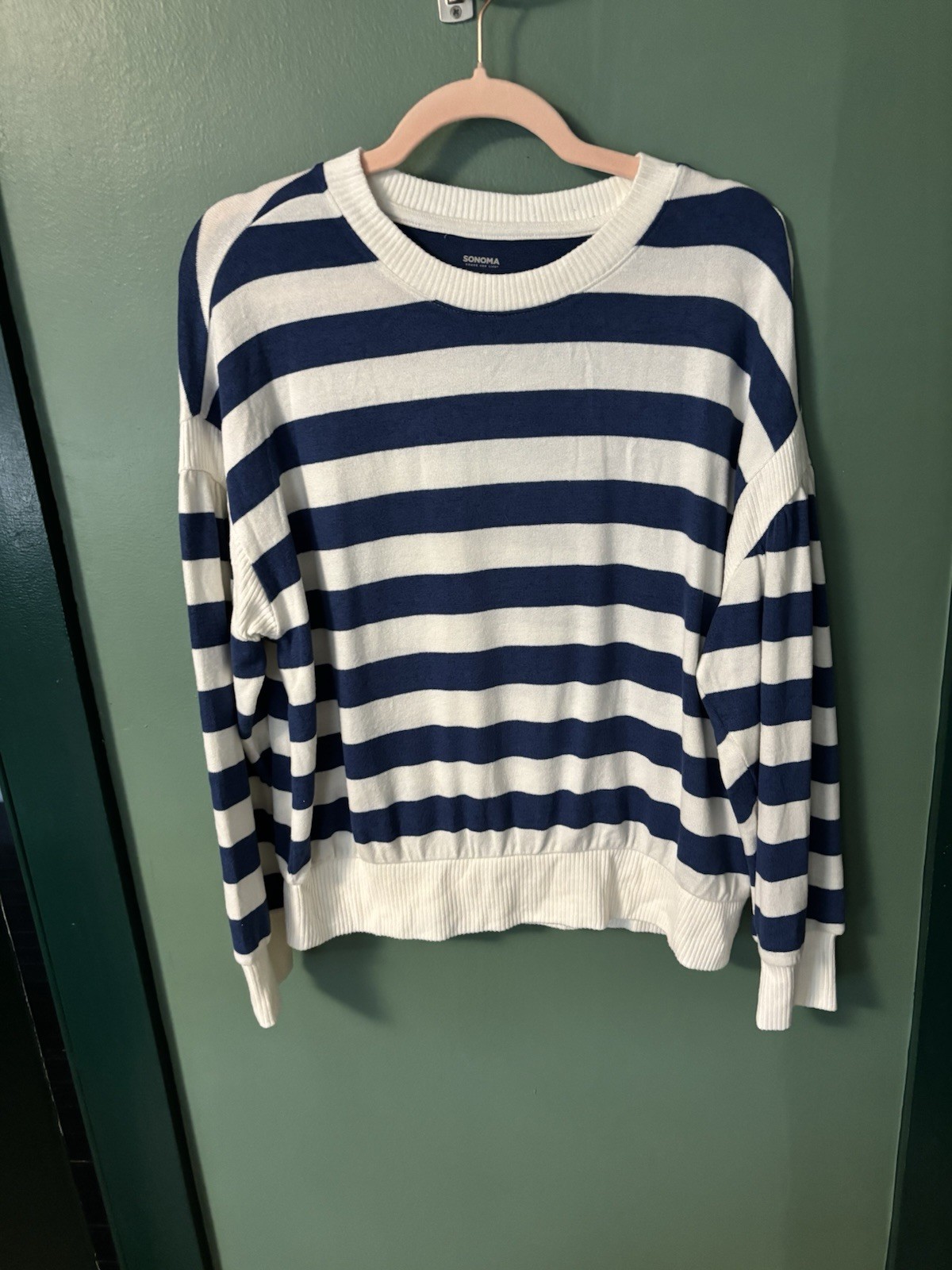 Sonoma Goods For Life Blue White Striped Knit Pullover Sweater M Crewneck Ribbed