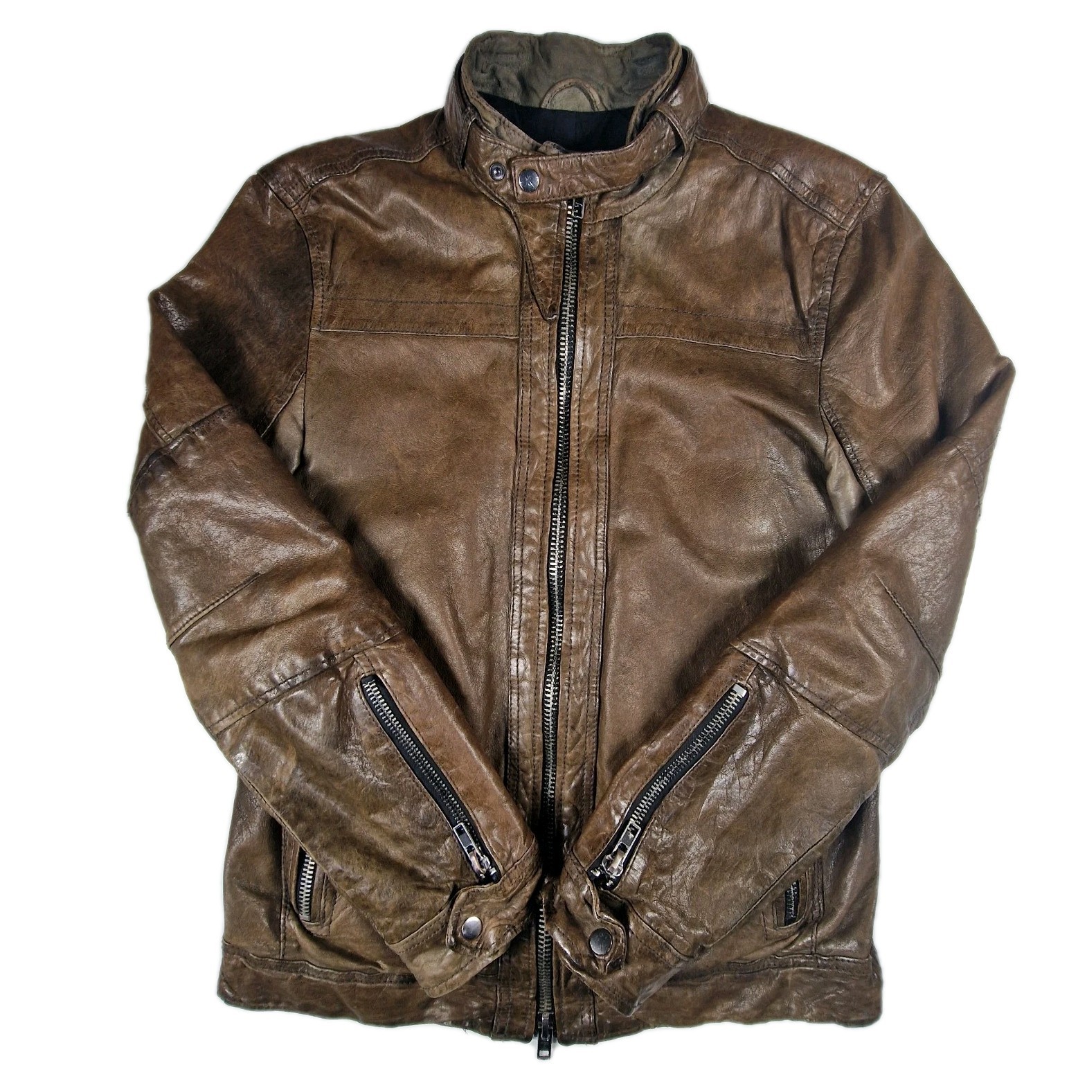 AllSaints Spitalfields Brown Distressed Leather Biker Jacket Mens Medium Pockets