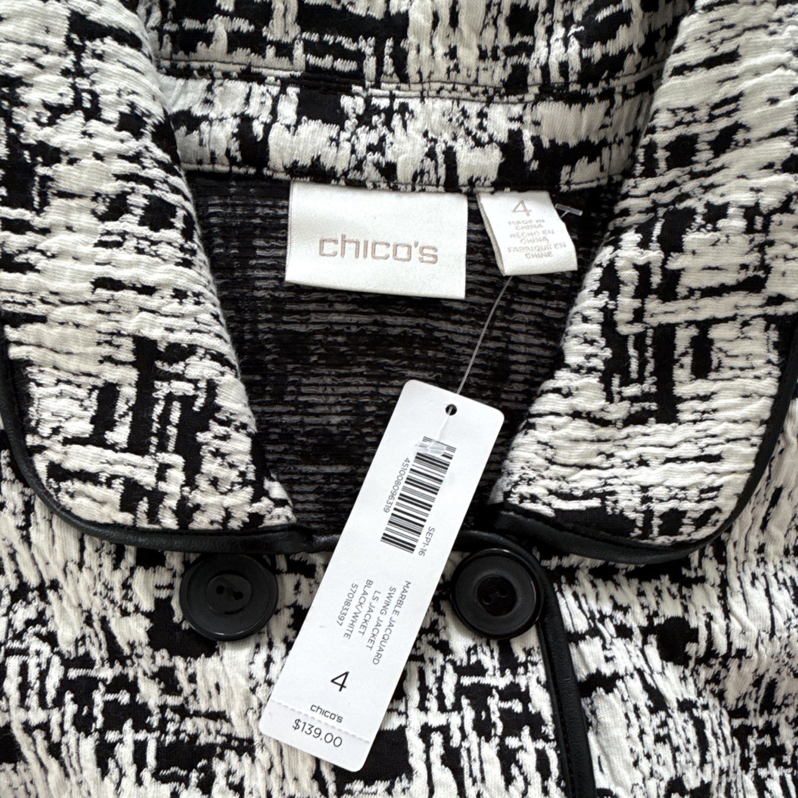 Chico’s Black & White Check Collared Button Front Lined Short Jacket Size 4