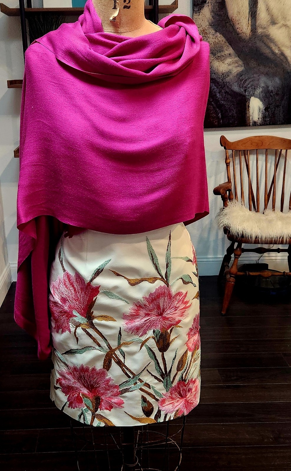 Carmen Marc Valvo Signature Embroidered Skirt — Cream with Hot Pink Floral – S
