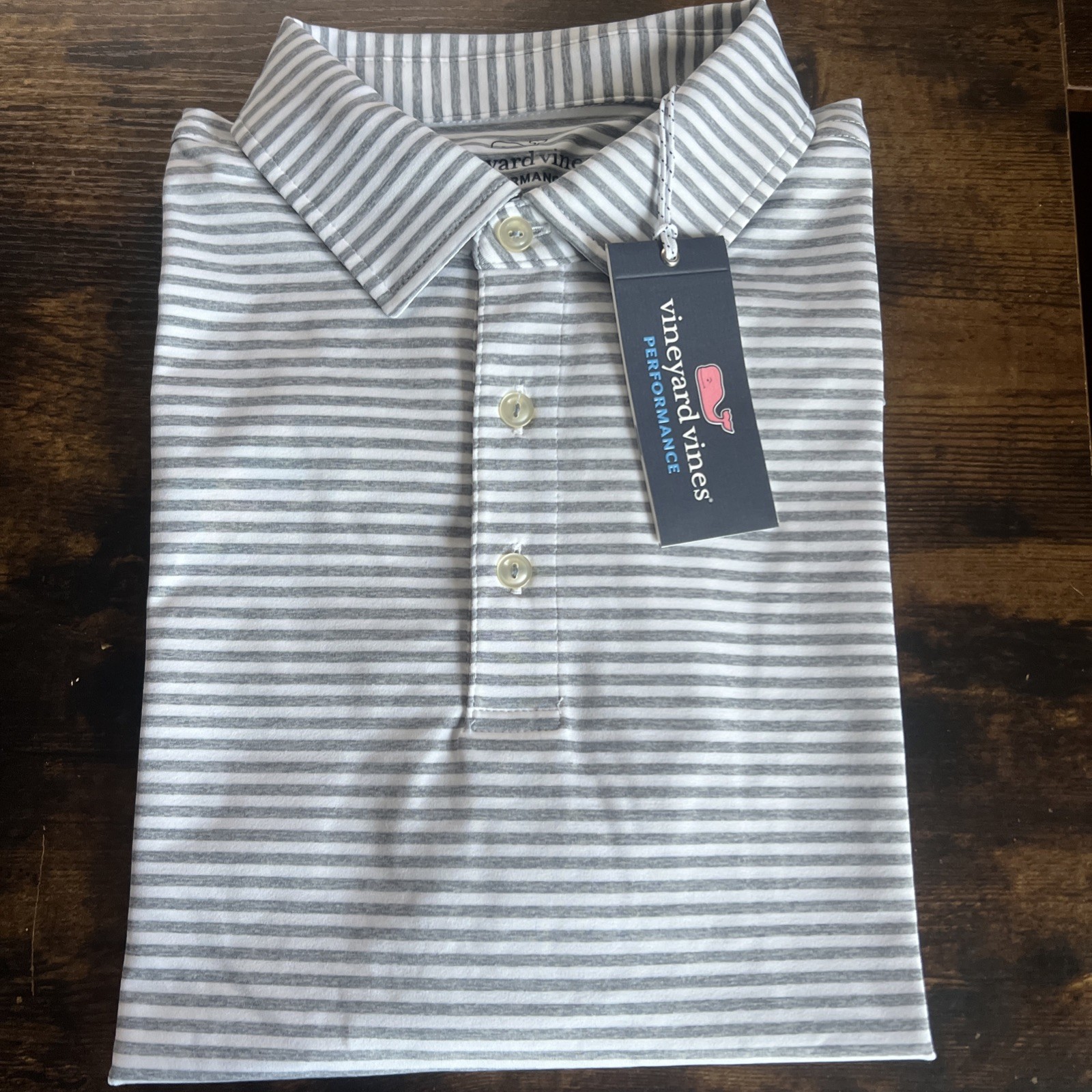 Vineyard Vines On The Go Sankaty Polo Men’s Size Large White w/ Gray Stripe NWT