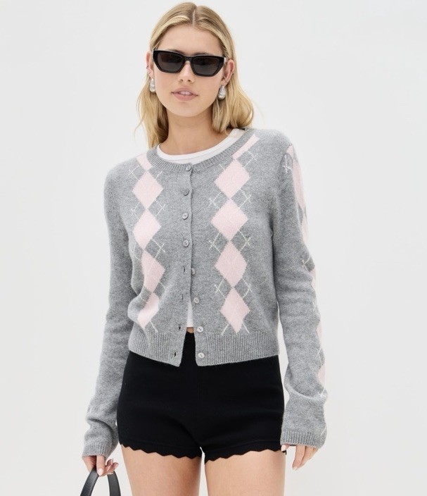 Reformation Clara Argyle Cashmere Crew Cardigan Medium