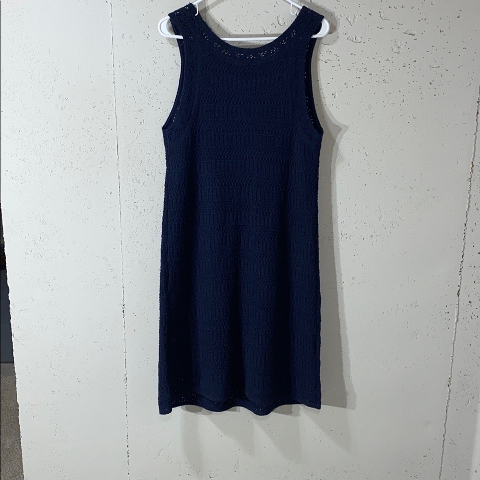 Navy blue crochet style dress size M. Sleeveless pullover linen/ rayon