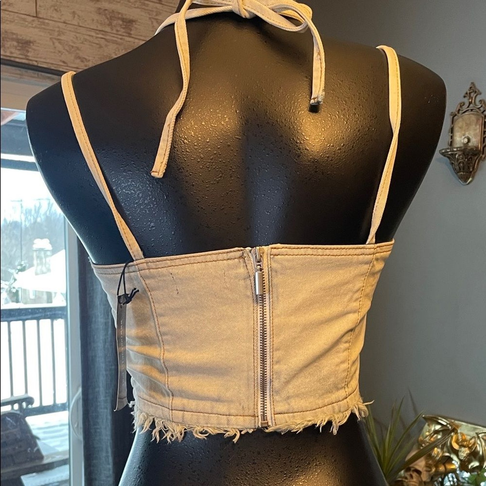 Chic Beige Halter Crop Top with Stud Accents