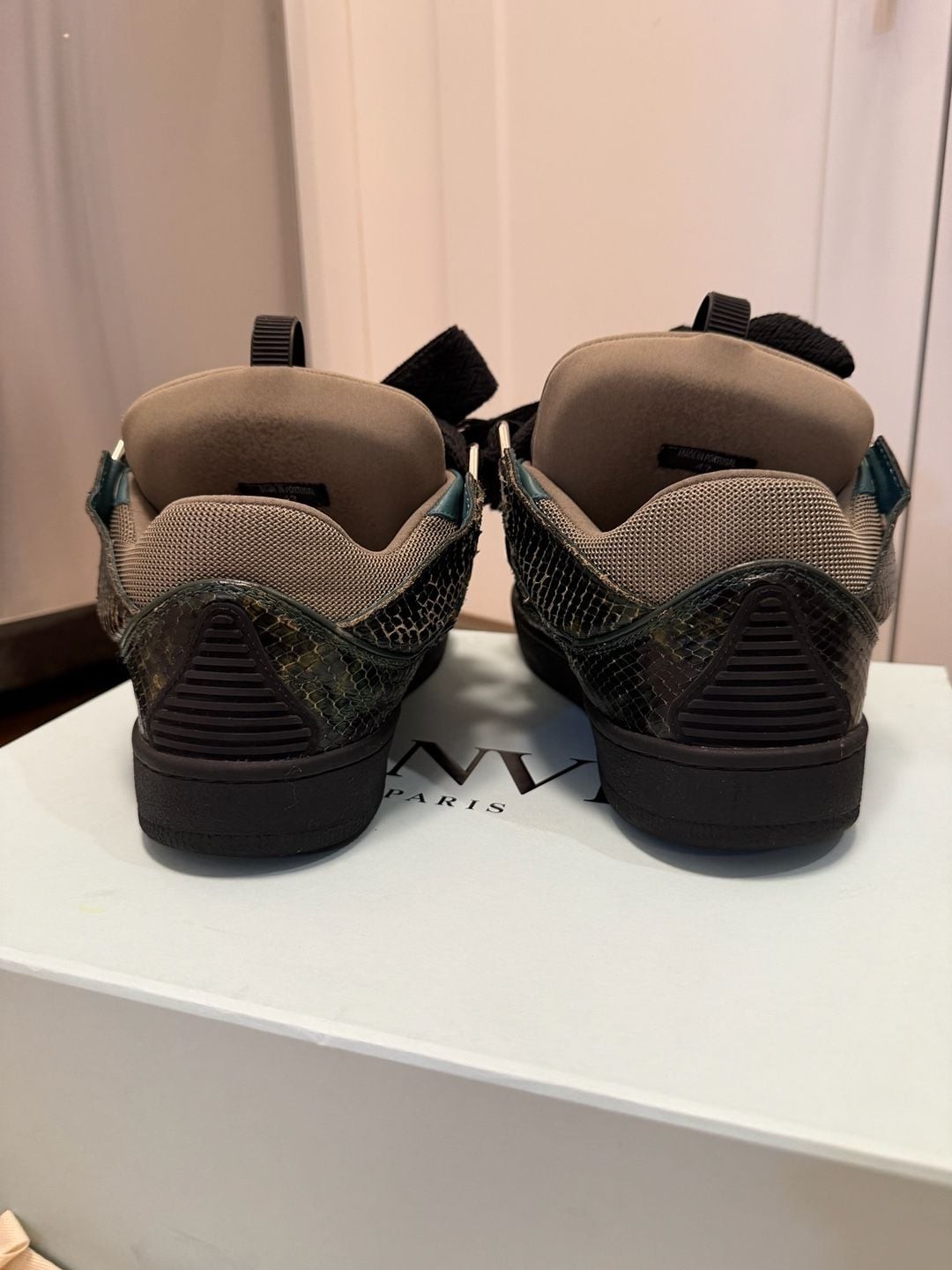 Lanvin Curb Snake-Embossed Leather Sneakers in Green and Black
