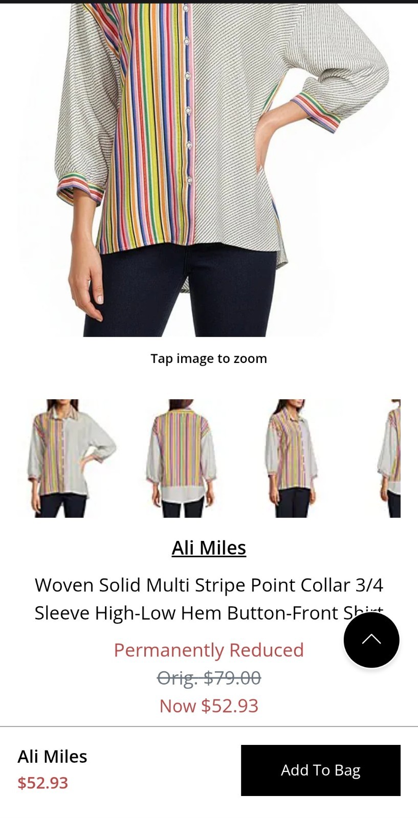 Ali Miles Stripe Point Collar 3/4 Cuffed Sleeve High-Low Hem Button-Front Shirt