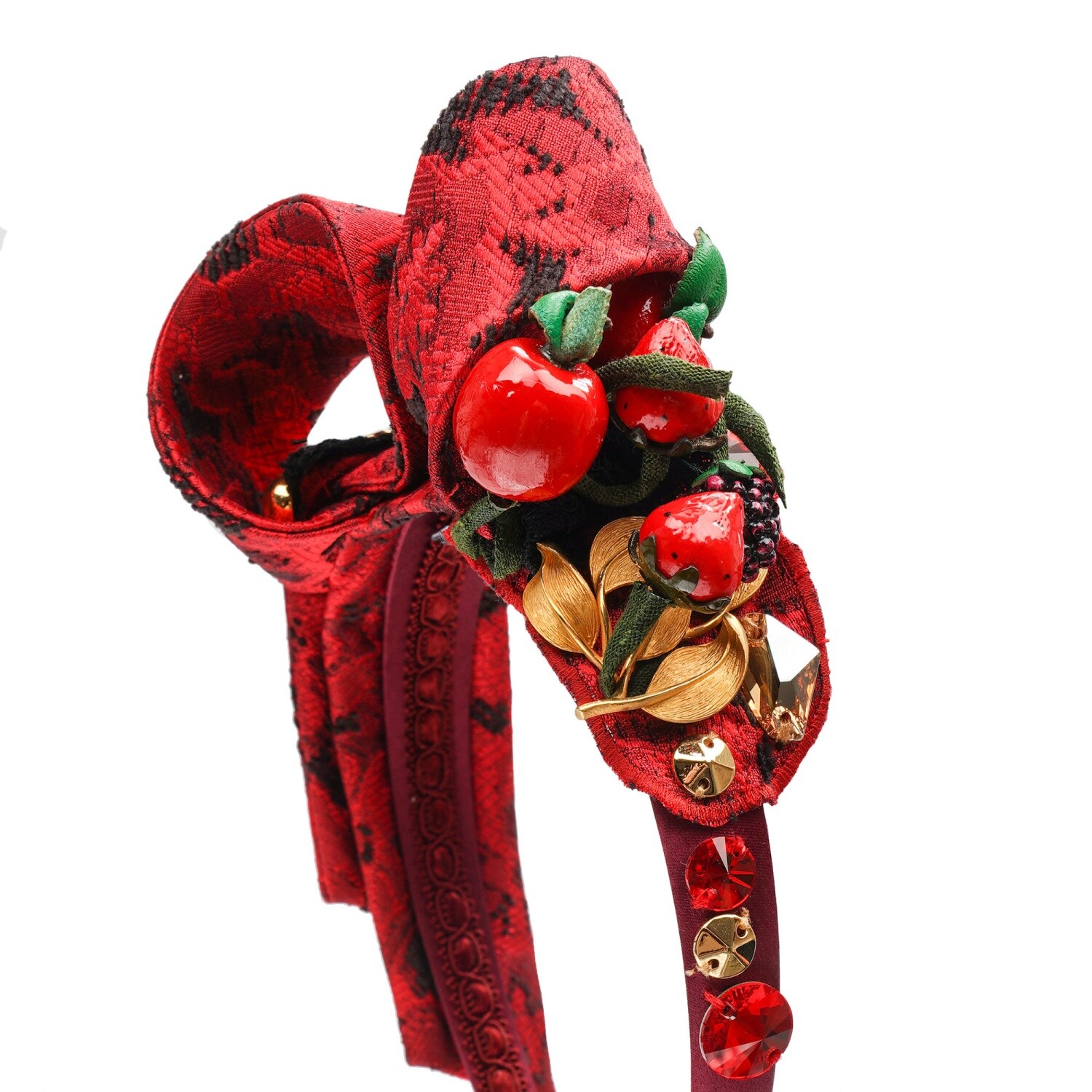 Dolce & Gabbana Silk Jacquard Crystal Berry Lace Tiara Hairband Red Black