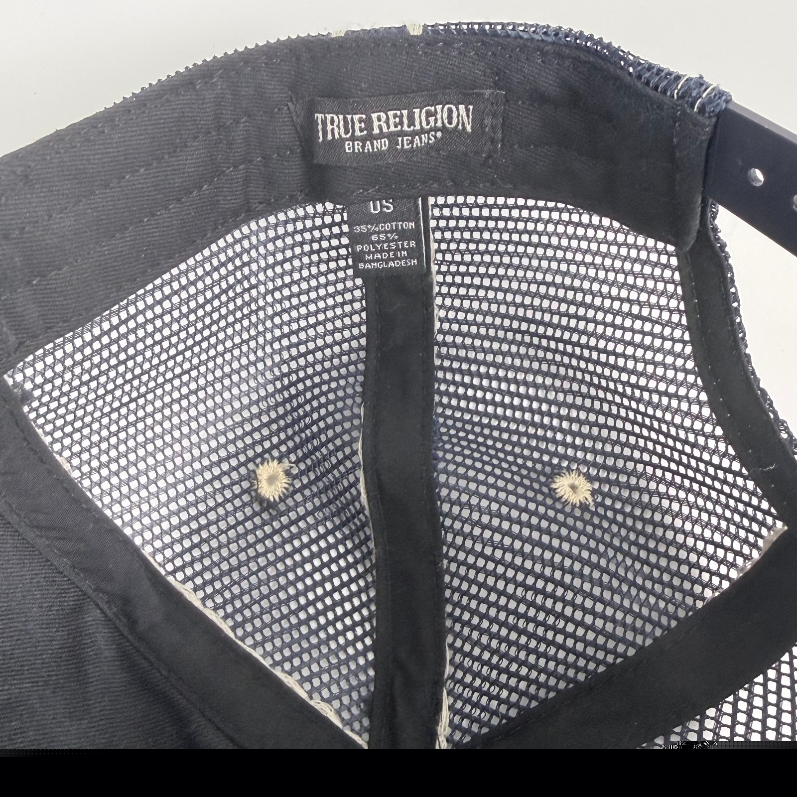 True Religion World Tour Trucker Hat Navy Blue Snapback Cap Contrast Stitch Logo