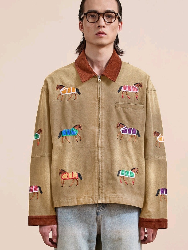 FOUND Women’s S Beige/Brown Horse Embroidered Zip Jacket, Pockets, Short
