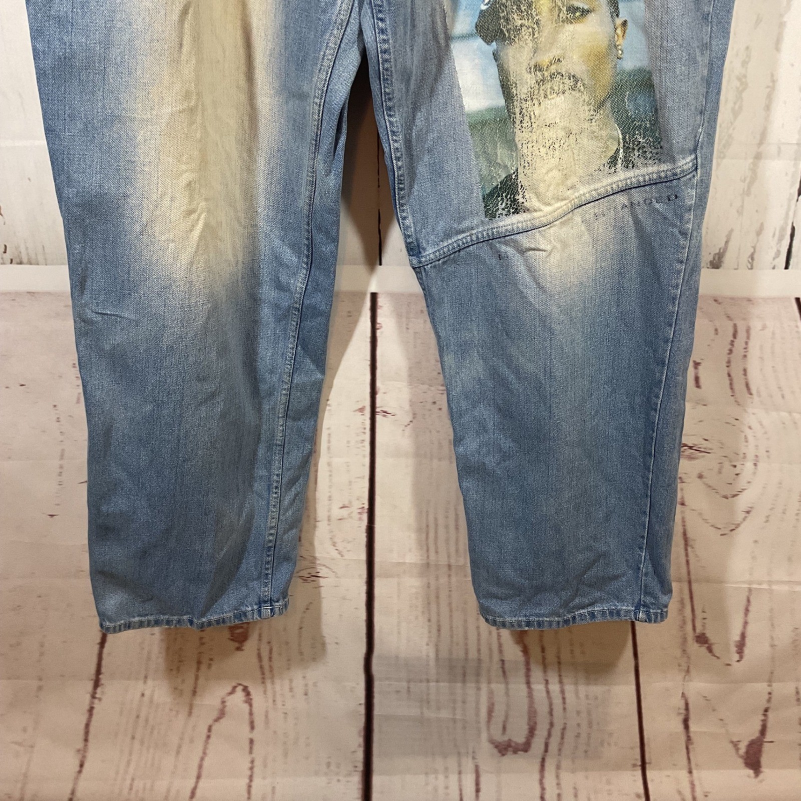 Tupac Makaveli Jeans 42×34 Baggy Denim Fade Graphic Hip Hop Y2K Grunge Rap 90s