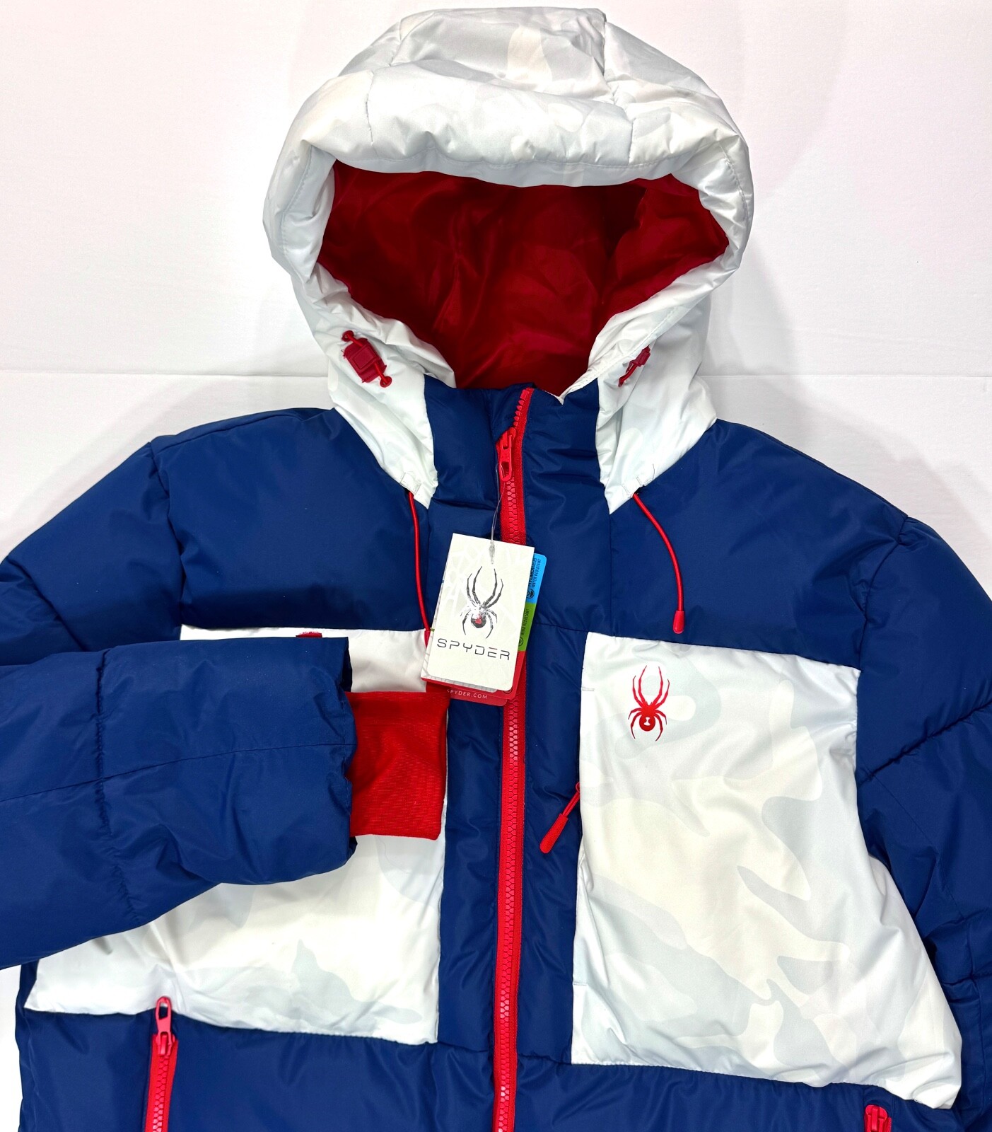 Spyder Puffer Jacket USA Ski Team Patch Red White Blue Camo Web Sizes S, M, L