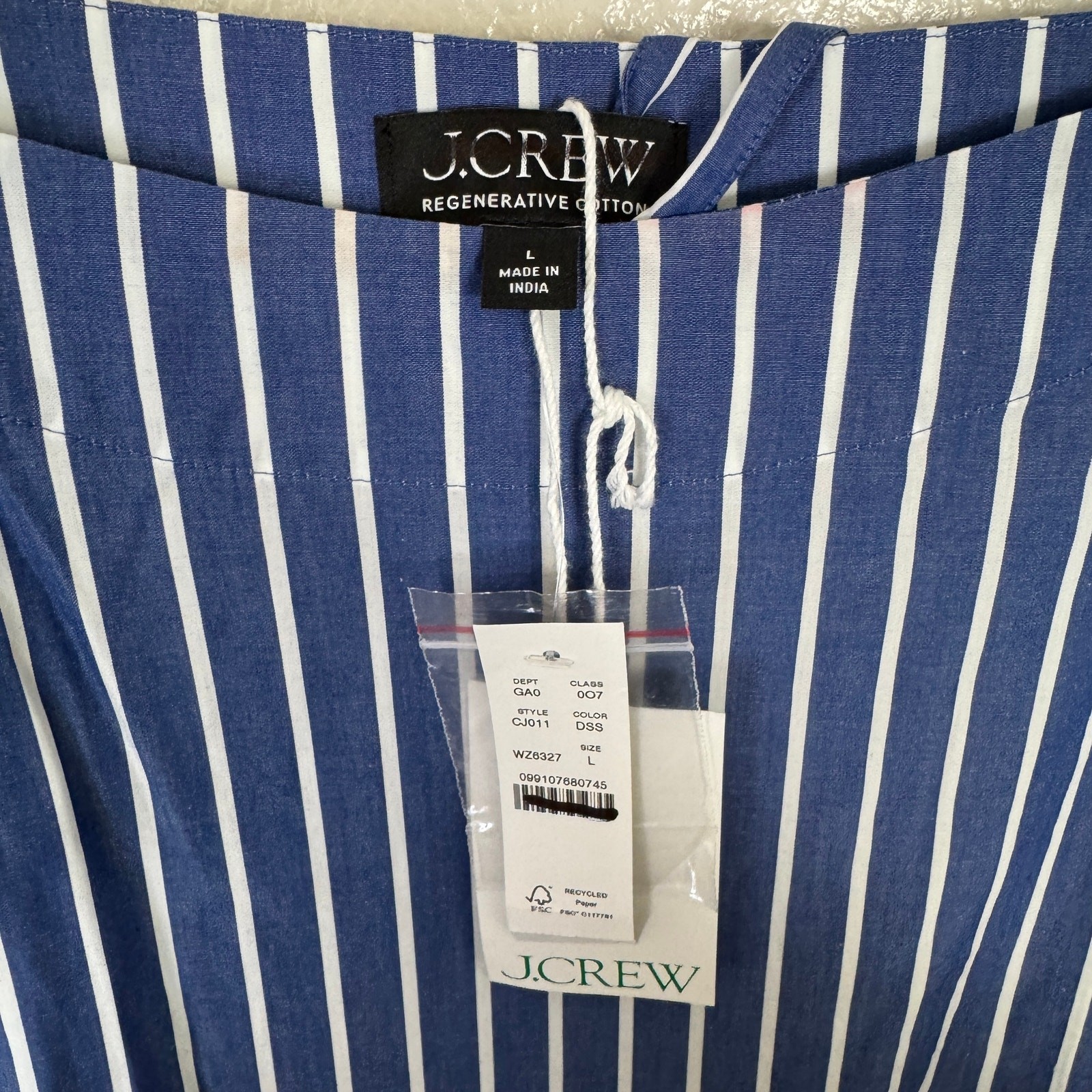 J.Crew Ciel Top WMNS L Deep Sea Stripe Poplin Waist Tie Side Button Long Sleeve