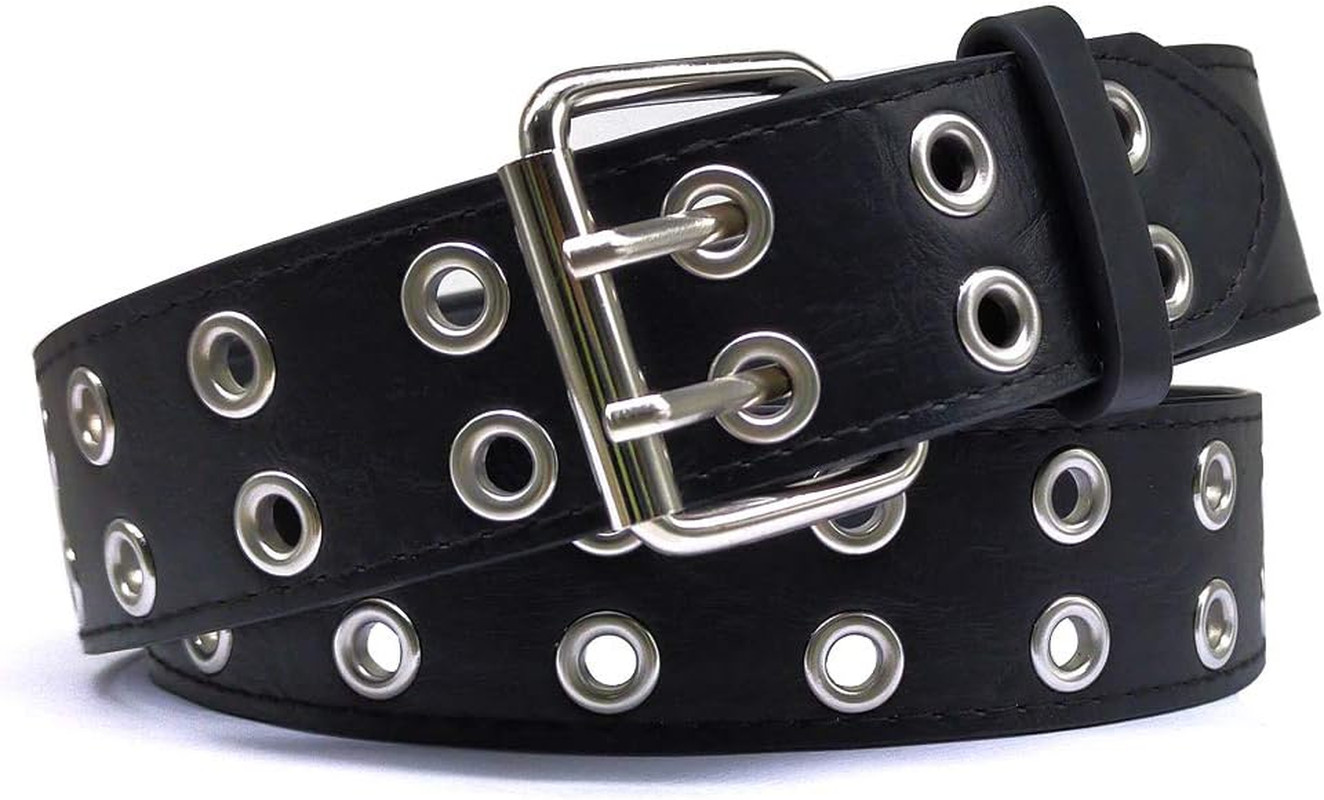 Double Grommet Punk Leather Belt Unisex 2 Hole Fashion Jeans Belt Black
