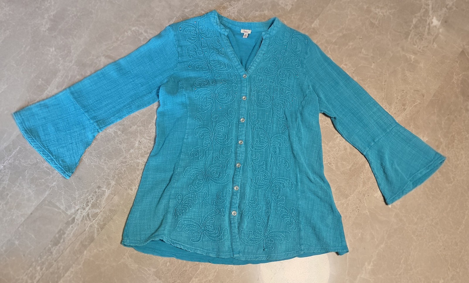 Western Turquoise Embroidered Button Front Blouse Artisan Teal 3/4 Sleeve Top M