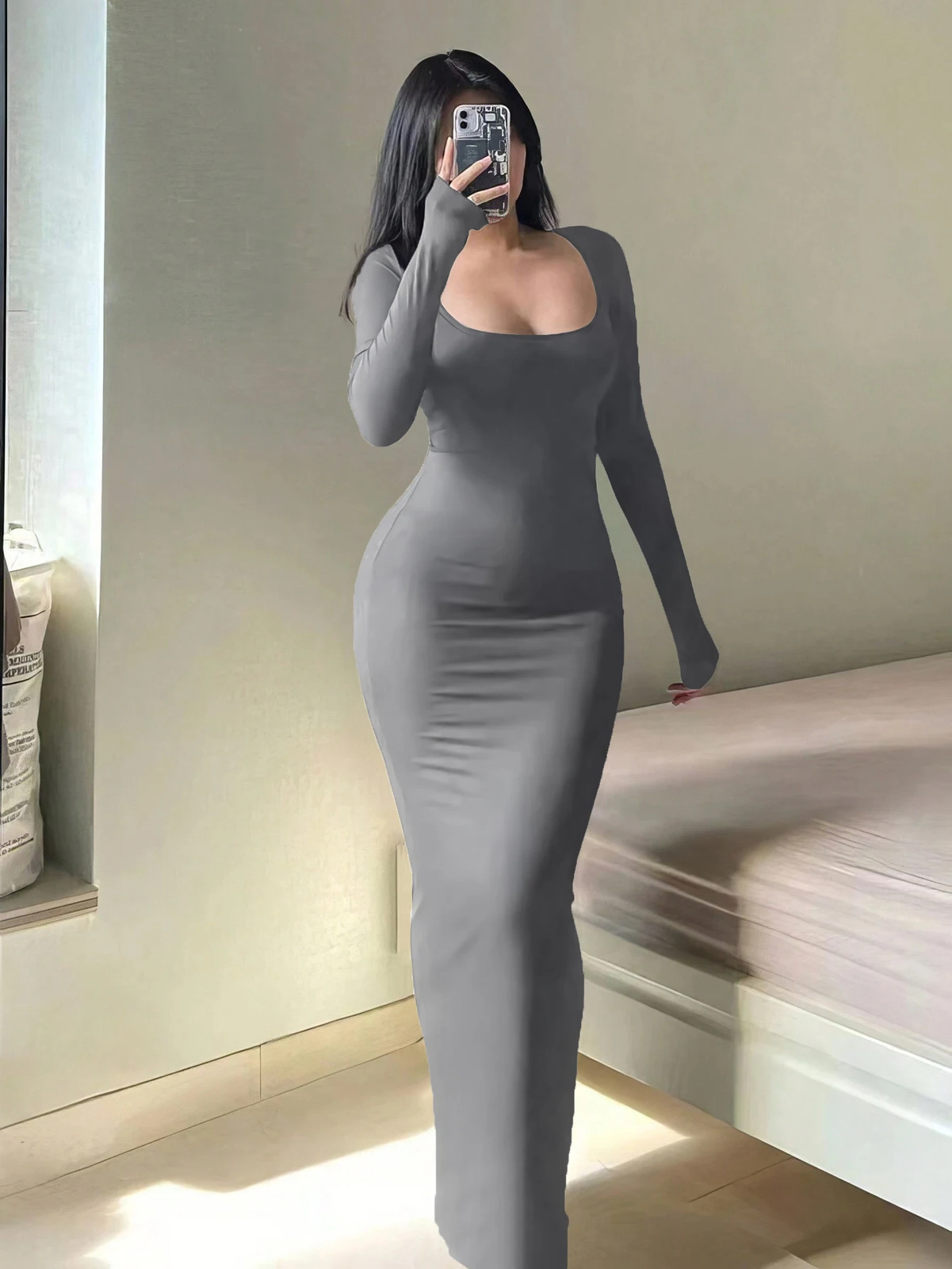 Women’s Solid Long Sleeve Bodycon Dress Scoop Neck Casual Minimalist Midi Dress