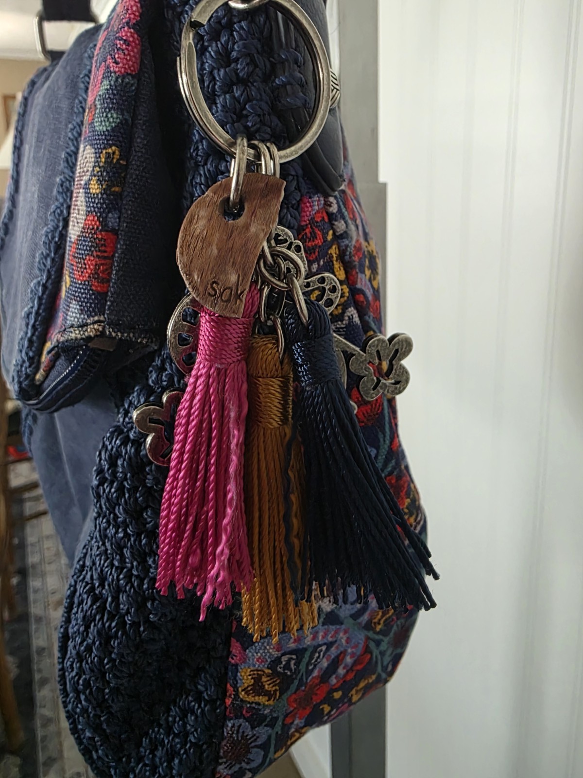 New SAKROOTS Blue Floral Canvas Crochet Fold-over Crossbody Bag