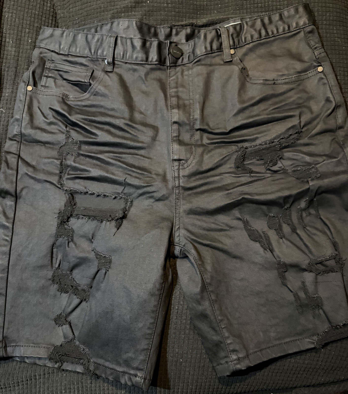 Men’s Dark Wash Gray Distressed Denim Shorts Button Fly 5-Pocket Regular Fit