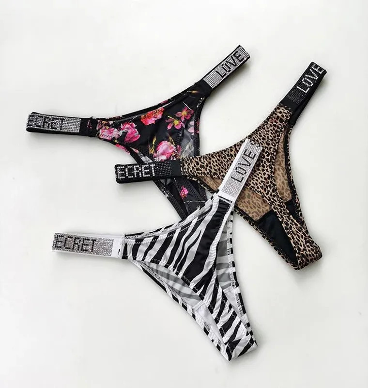 Low Waist Sexy Women Thongs Panties Rhinestones Letter Diamonds G String Sports
