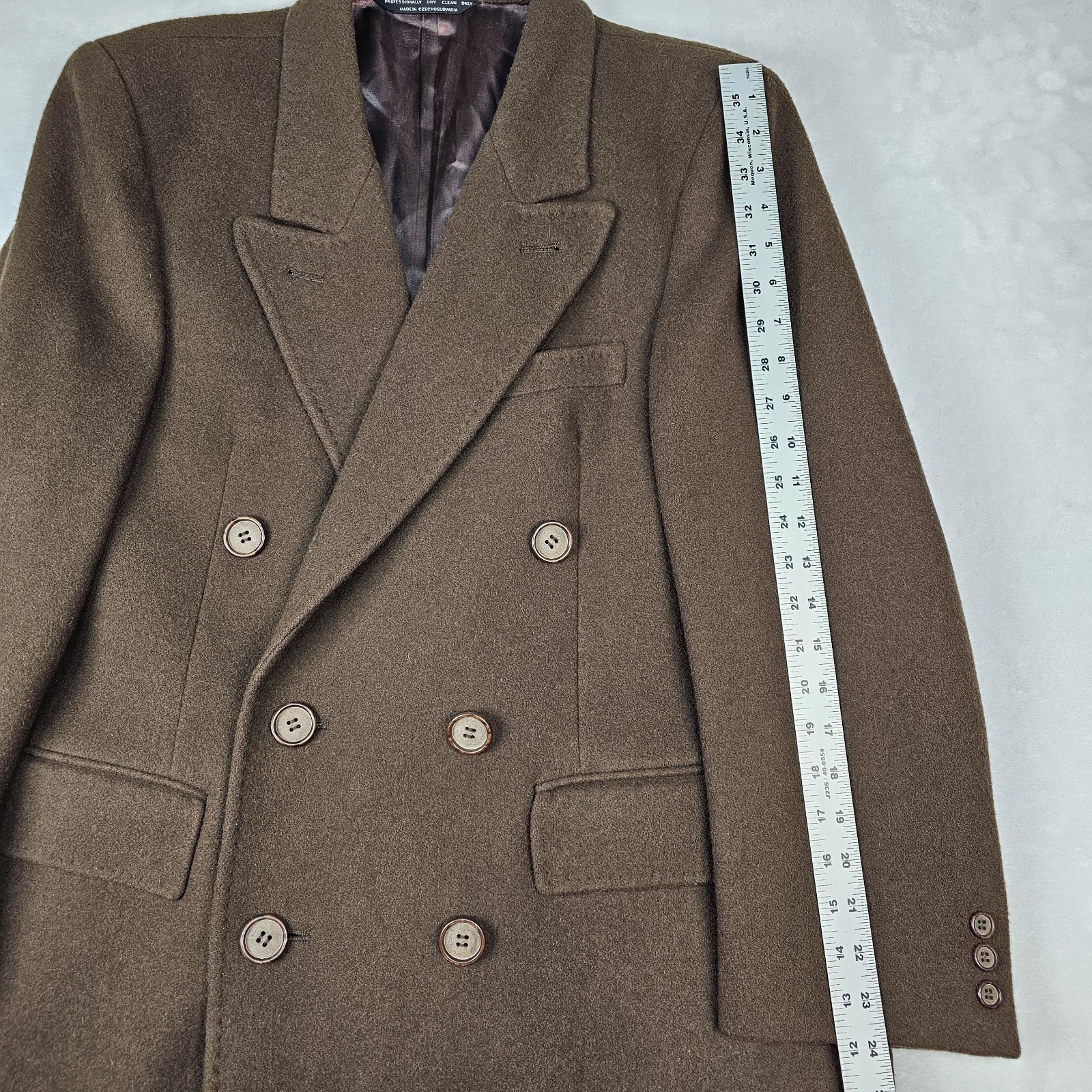 Vtg Double Breasted Wool Coat Men 40S Peak Lapel Flannel Olive Green Heavyweight